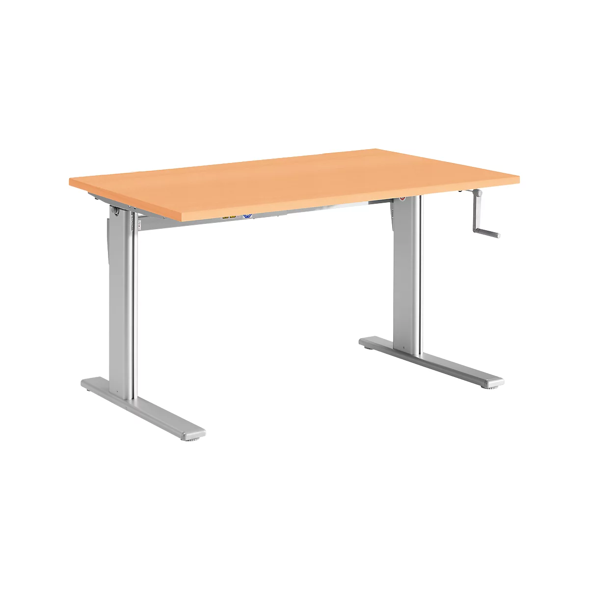 Schreibtisch Standard, manuell höhenverstellbar, Rechteck, C-Fuß, B 1200 x T 800 x H 728-1188 mm, Buche/weißaluminium
