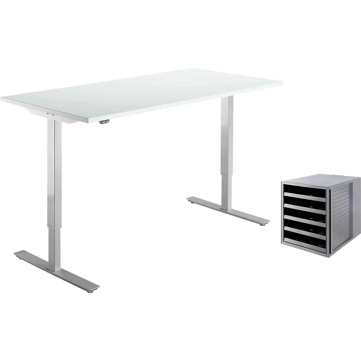Schreibtisch Start Off, elektrisch höhenverstellbar, B 1600 mm, lichtgrau/weißalu + Gratis Schubladenbox Schrank-Set Karma, grau