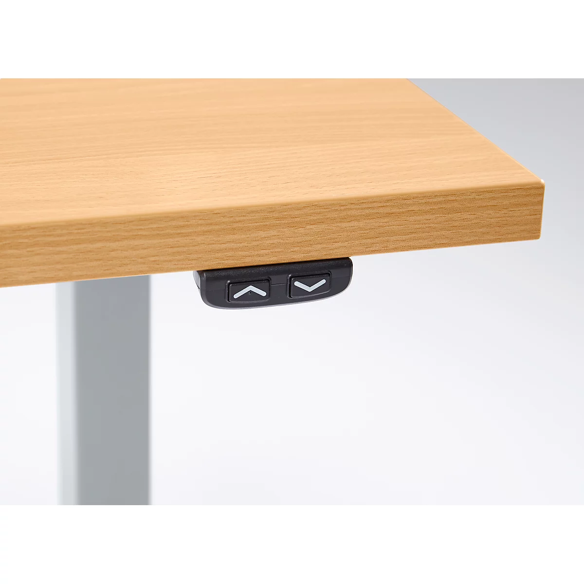 Schreibtisch Start Off, elektrisch höhenverstellbar, Rechteck, T-Fuß, B 1200 x T 800 x H 755-1255 mm, Ahorn/weißaluminium