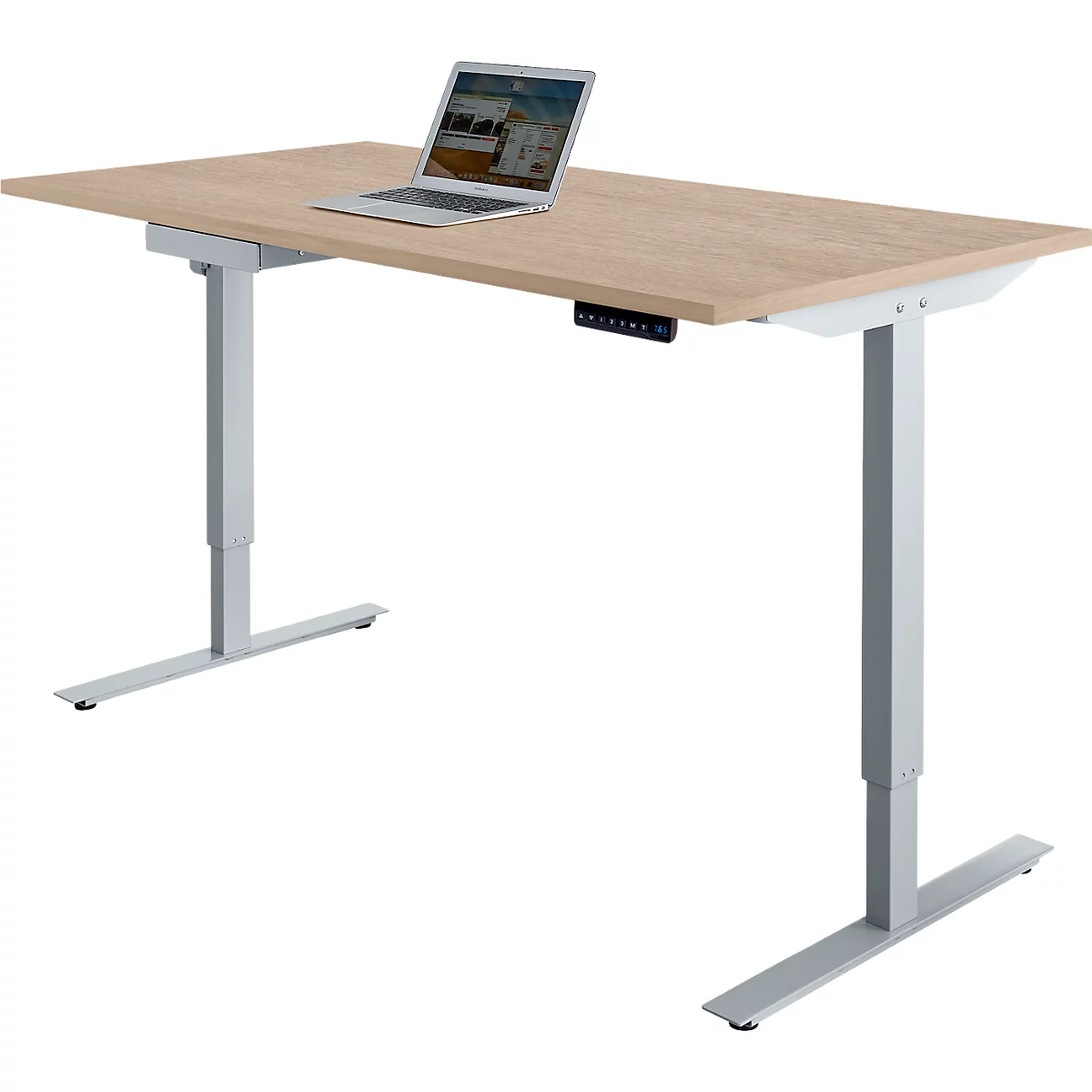 Heller, höhenverstellbarer Schreibtisch mit Laptop. Steuerung rechts, graue Beine.