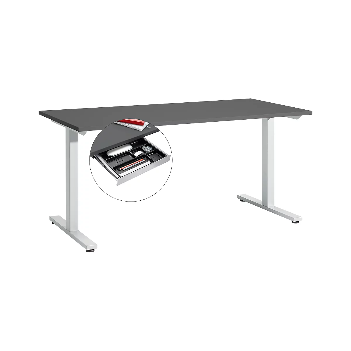 Schreibtisch Start Off, T-Fuß-Gestell, B 1600 x T 800 x H 735 mm, graphit + Schublade