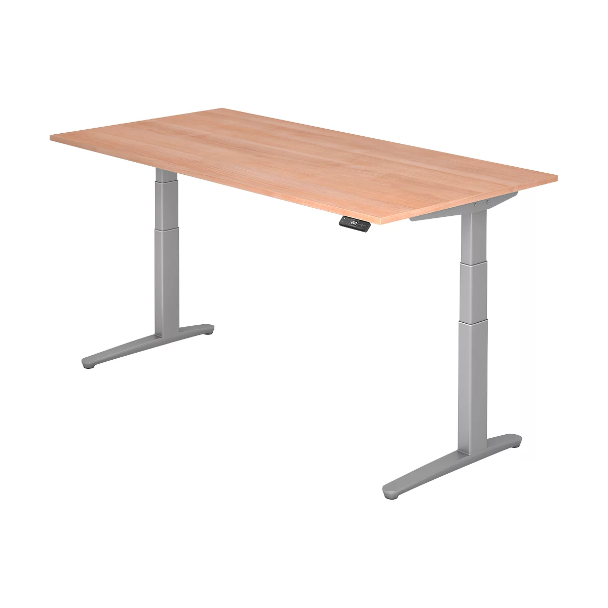 Schreibtisch TOPAS LINE, elektrisch höhenverstellbar, C-Fuß, B 2000 x T 1000 x H 650-1300 mm, Nussbaum/weißaluminium + Memoryschalter, Kabelkanal
