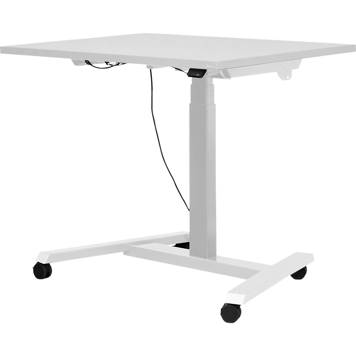 Ein weißer, höhenverstellbarer Schreibtisch mit Rollen, der auf einem weißen Hintergrund steht. Ein schwarzes Kabel hängt herunter.