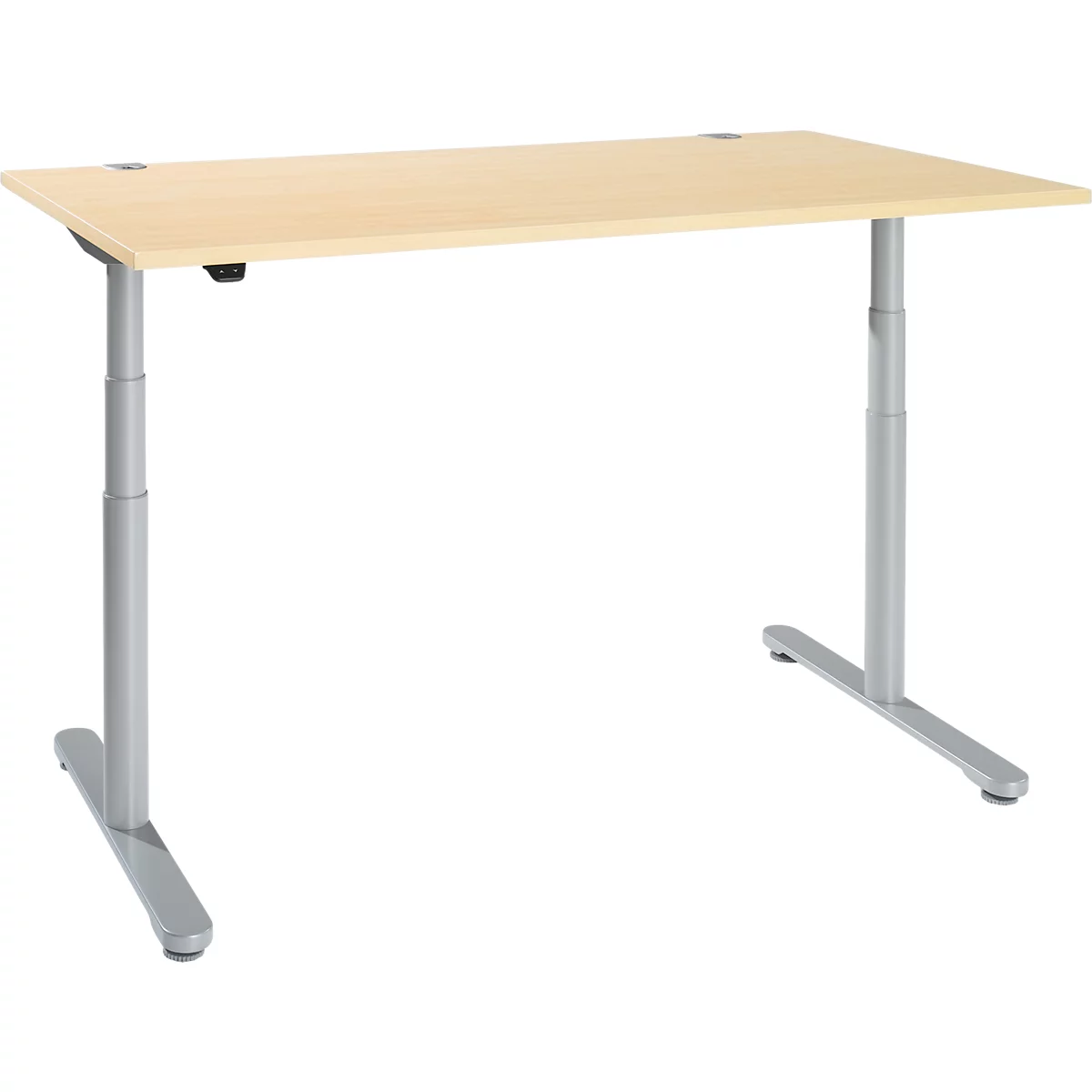 Schreibtisch, zweistufig elektrisch höhenverstellbar, T-Fuß Rundrohr, B 1600 x T 800 x H 634-1294 mm, Ahorn/weißaluminium