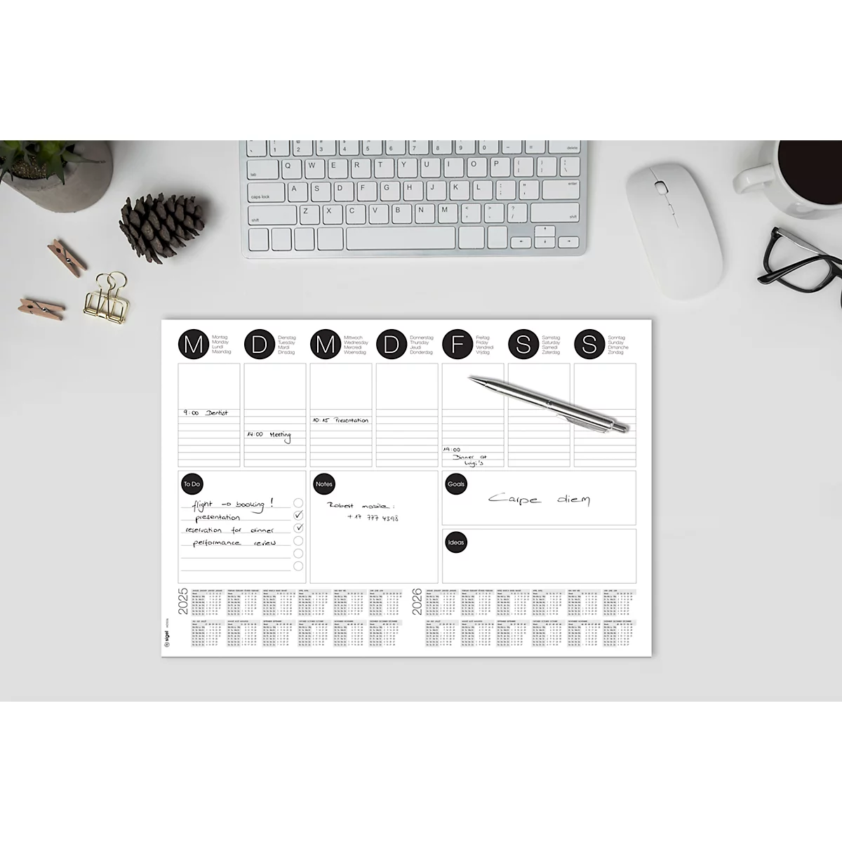 Schreibtischunterlage Sigel Wochenplan 2-Jahreskalendarium, A3, Papier, 30 Blatt, To-Do-Liste uvm., s/w