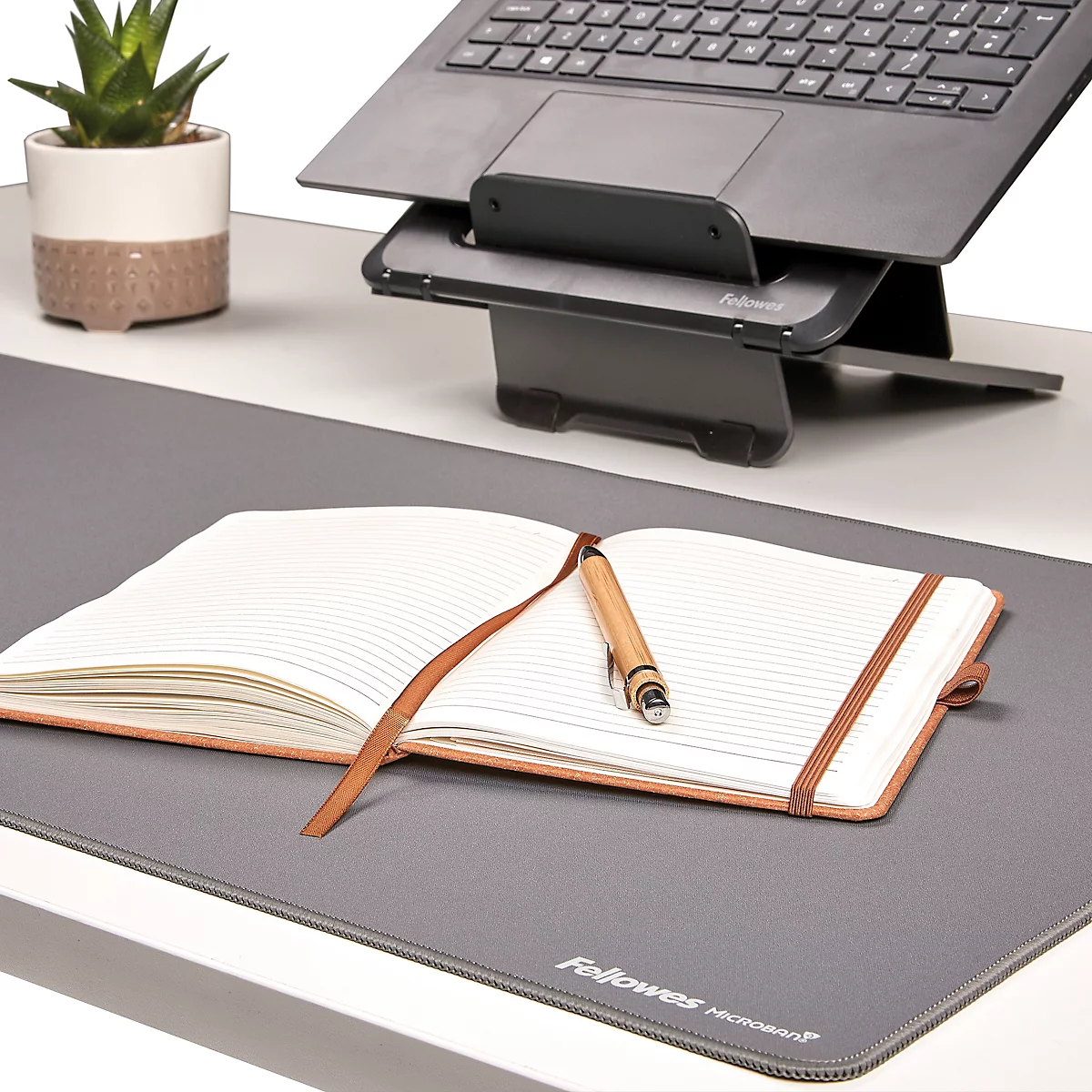 Schwarzer Laptop auf Ständer, Tastatur, Maus, Notizbuch, Stift und Pflanze auf hellem Schreibtisch. Bildschirm zeigt See-Landschaft.