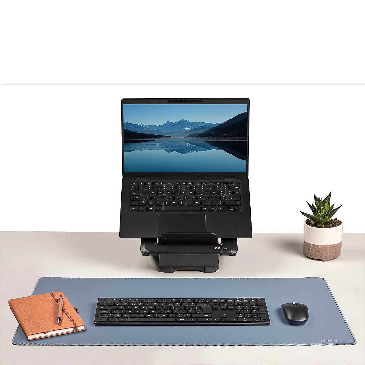 Fünf gerollte, farbige Mousepads, von dunkelgrau bis hellblau. Auf dem letzten Pad steht "Fellowes Microban".