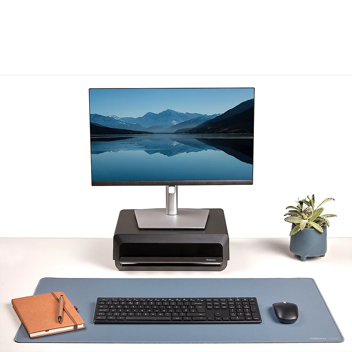 Schreibtisch mit Monitor, Tastatur, Maus und Pflanzen.