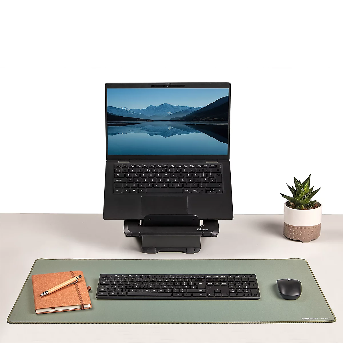 Schreibtisch mit Monitor, Tastatur, Maus und Pflanzen. Der Monitor zeigt eine Berglandschaft.