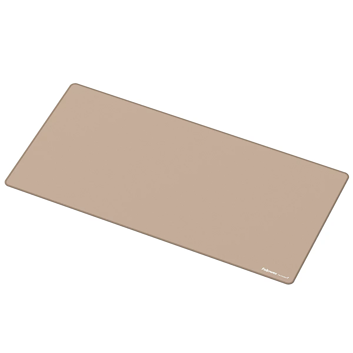 Beige Mauspad mit schwarzer, hochgeklappter Ecke. Kleiner Schriftzug: Fellowes.