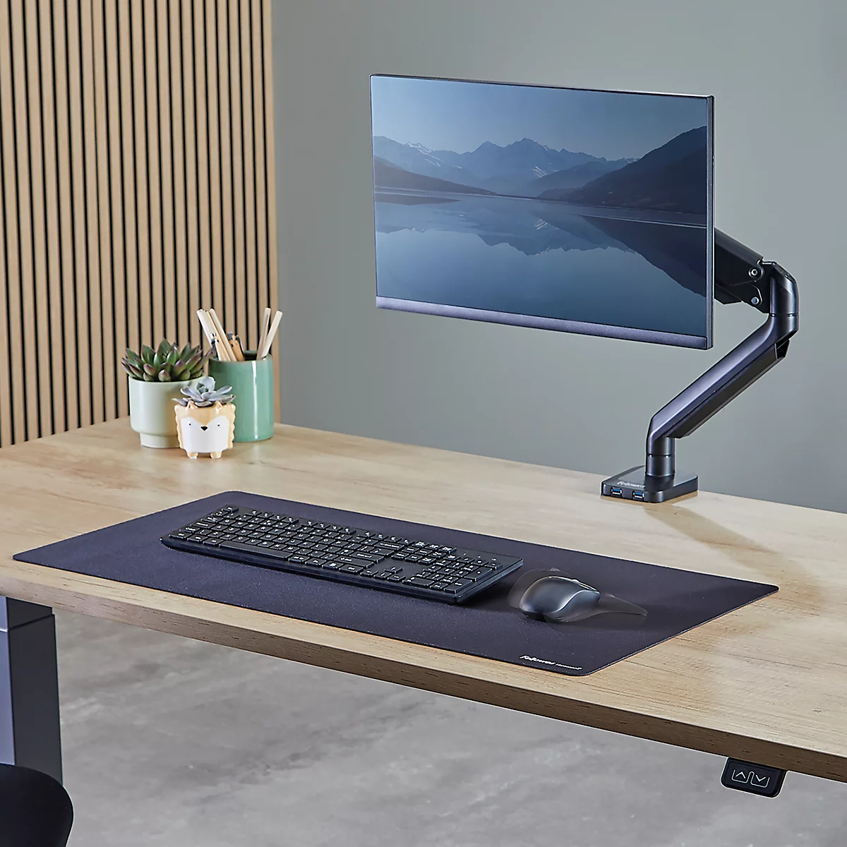 Ein Monitor steht auf einer schwarzen Erhöhung. Darunter liegen Tastatur, Maus, Notizbuch und eine Pflanze.