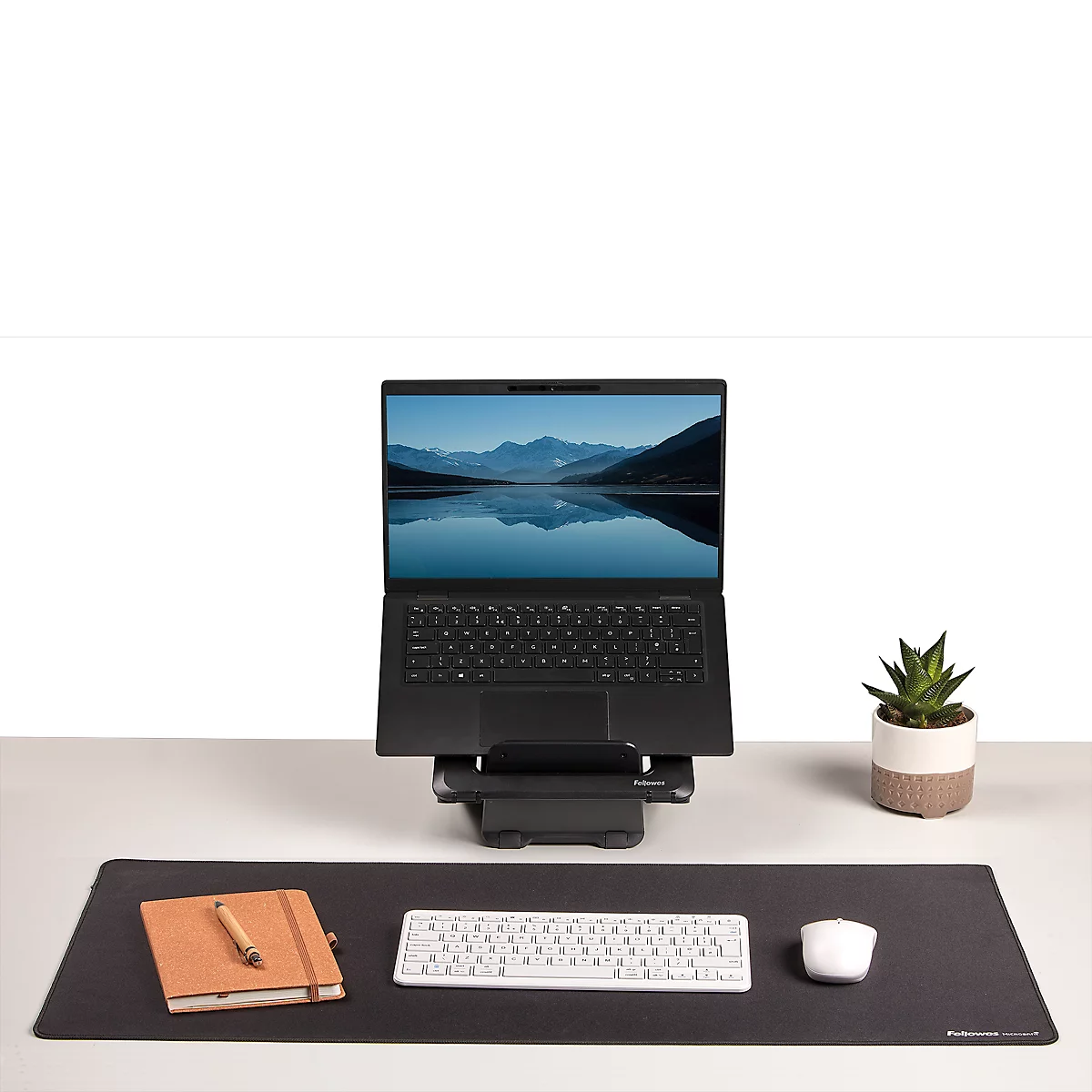 Ein Schreibtisch mit Monitor, Tastatur, Maus, Notizbuch und einer Pflanze.