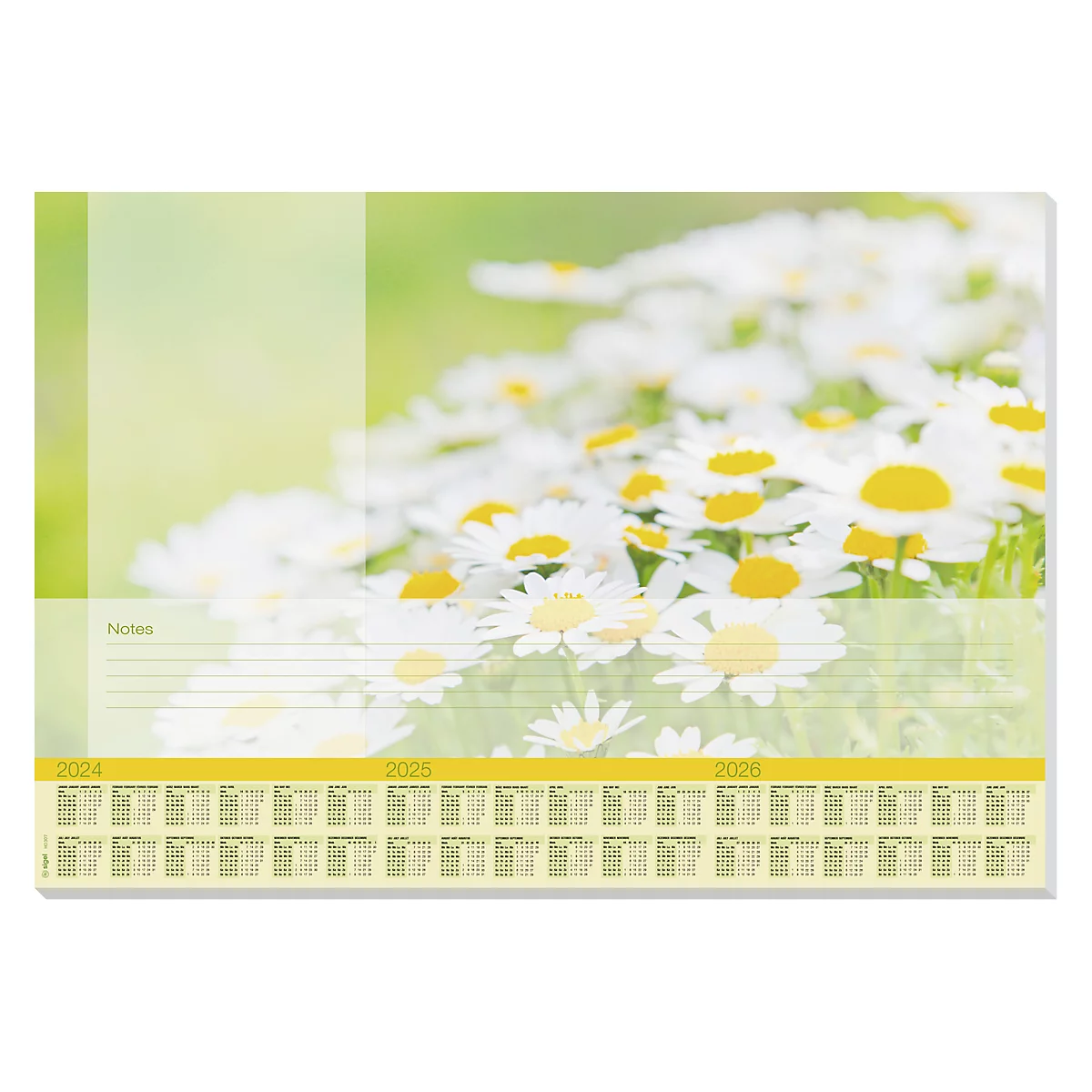 Kalender mit Gänseblümchen-Hintergrund und Jahresübersicht 2024-2026.