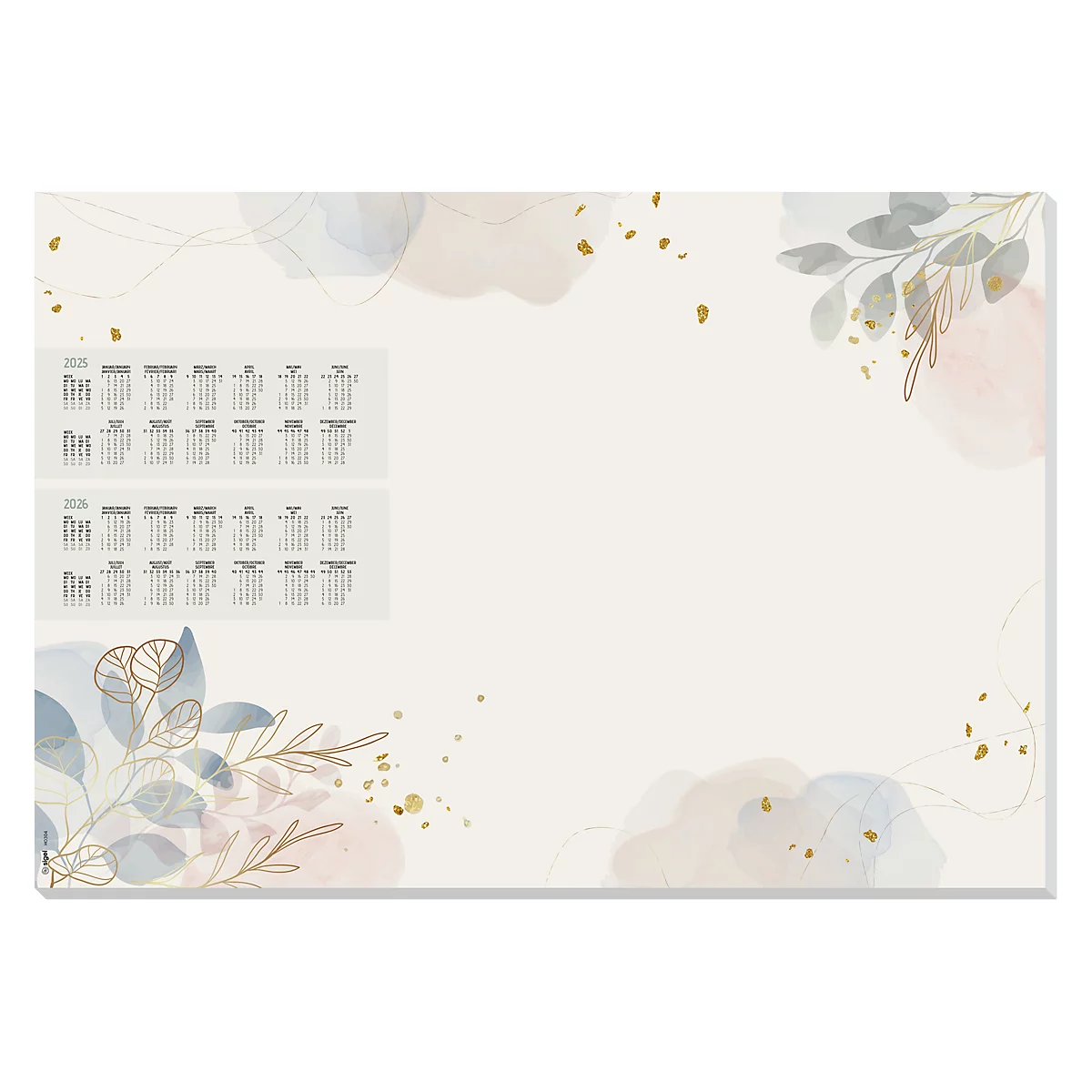 Hintergrund mit Kalendern und Aquarellfarben in Creme, Rosa, Blau und Gold.