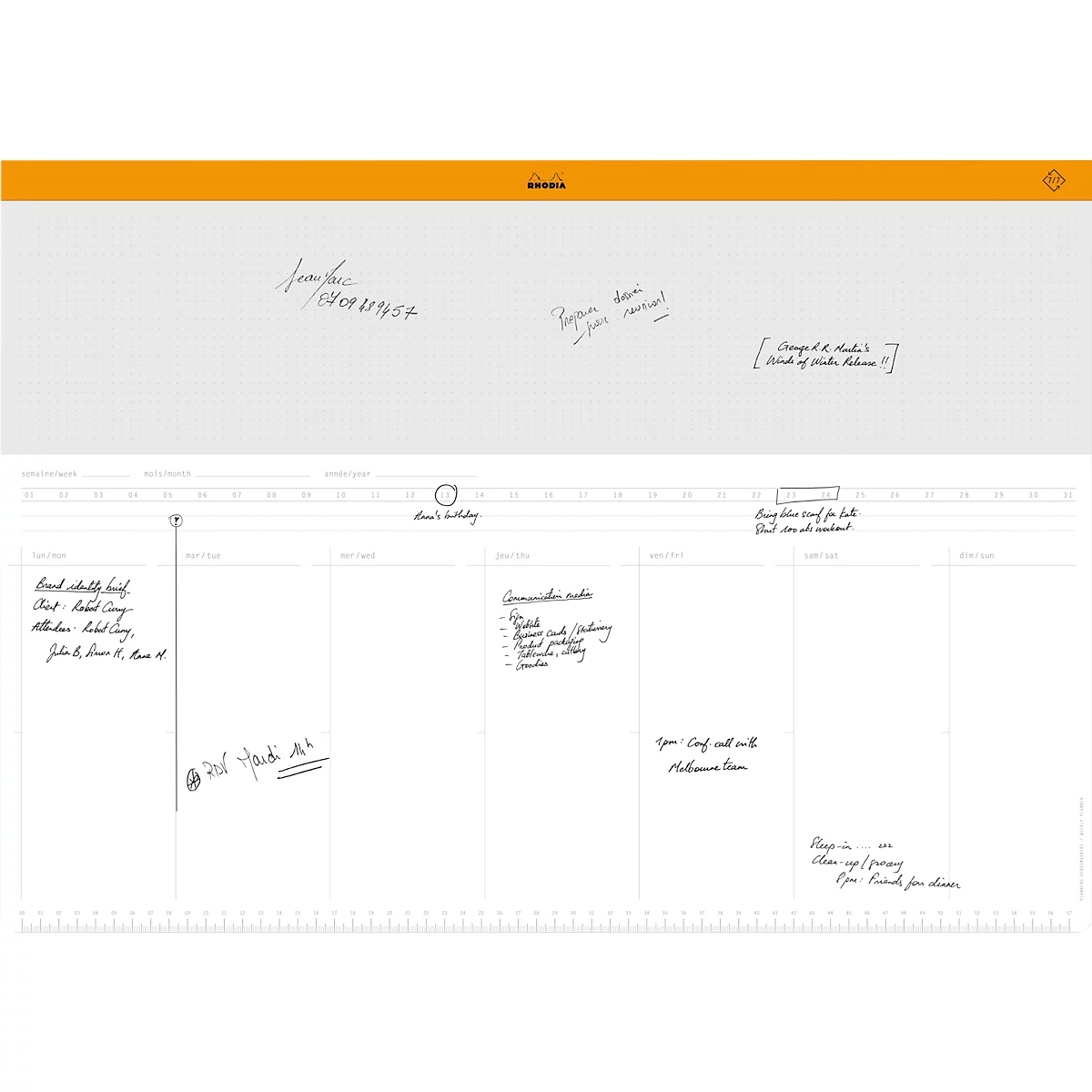 Schreibunterlage Rhodia, Wochenkalender, Leinenrücken, 30 Blatt, A2 (420 x 594 mm