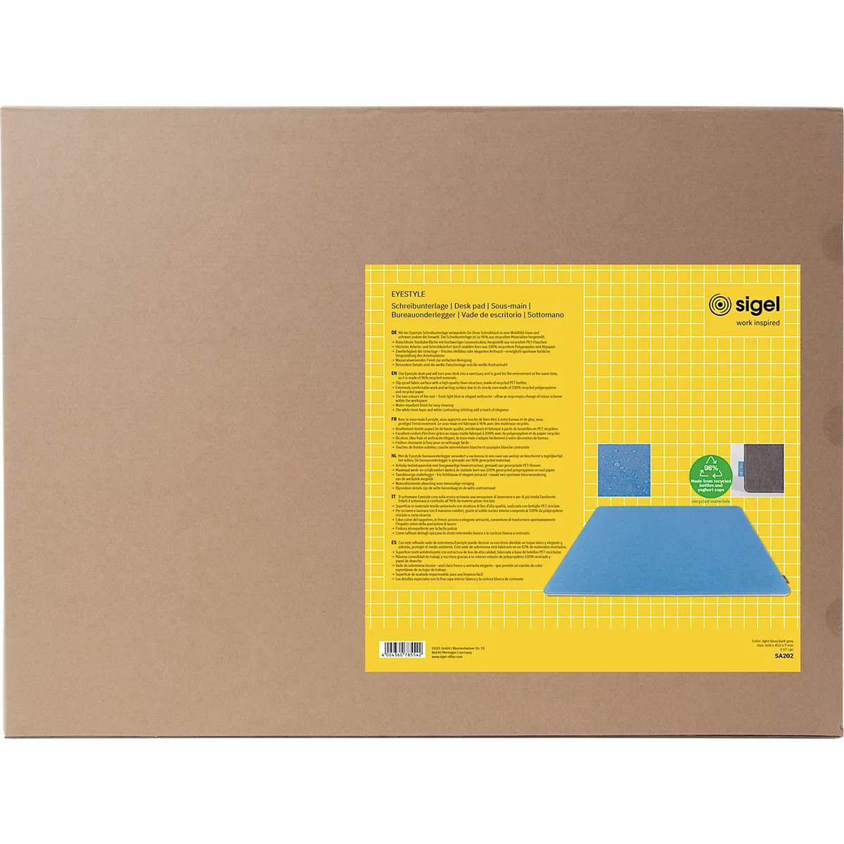 Schreibunterlage Sigel Eyestyle, B 600 x T 450 x H 7 mm, wasserabweisend, Textiloberfläche aus Recycling-PET, hellblau/dunkelgrau
