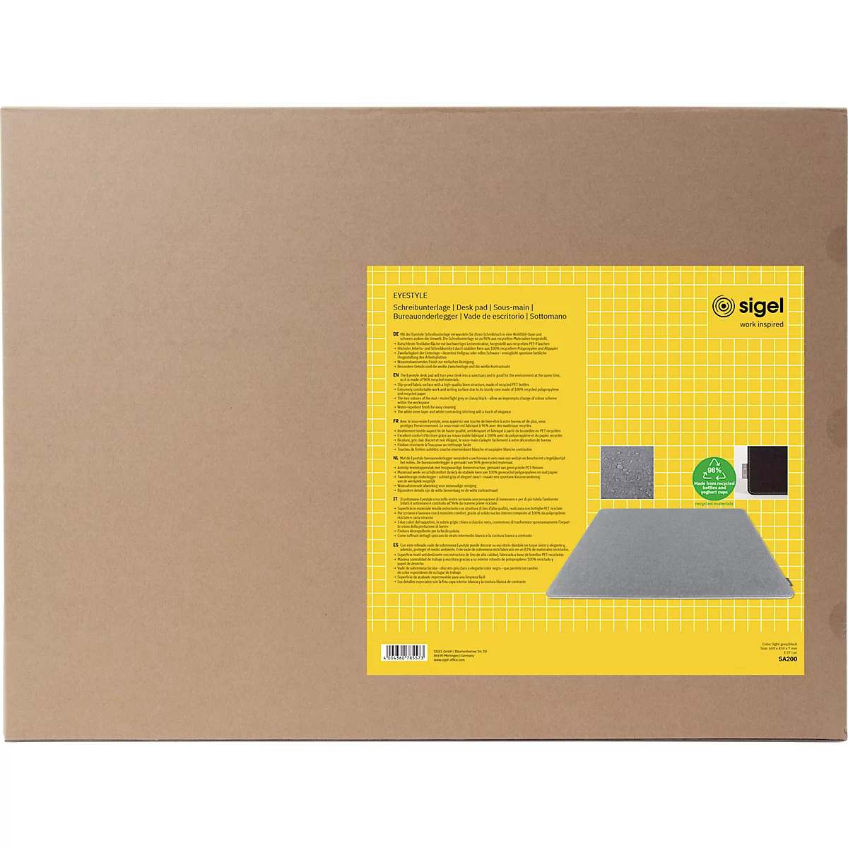 Schreibunterlage Sigel Eyestyle, B 600 x T 450 x H 7 mm, wasserabweisend, Textiloberfläche aus Recycling-PET, hellgrau/schwarz