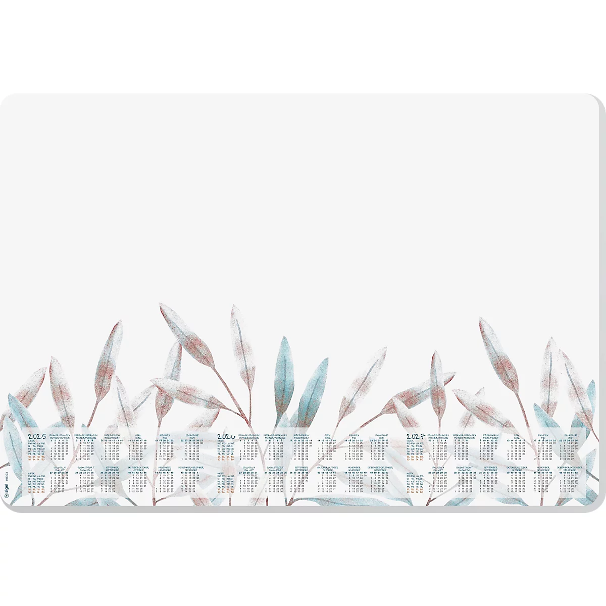 Weisses Mousepad mit Blättern und Jahreskalender unten.
