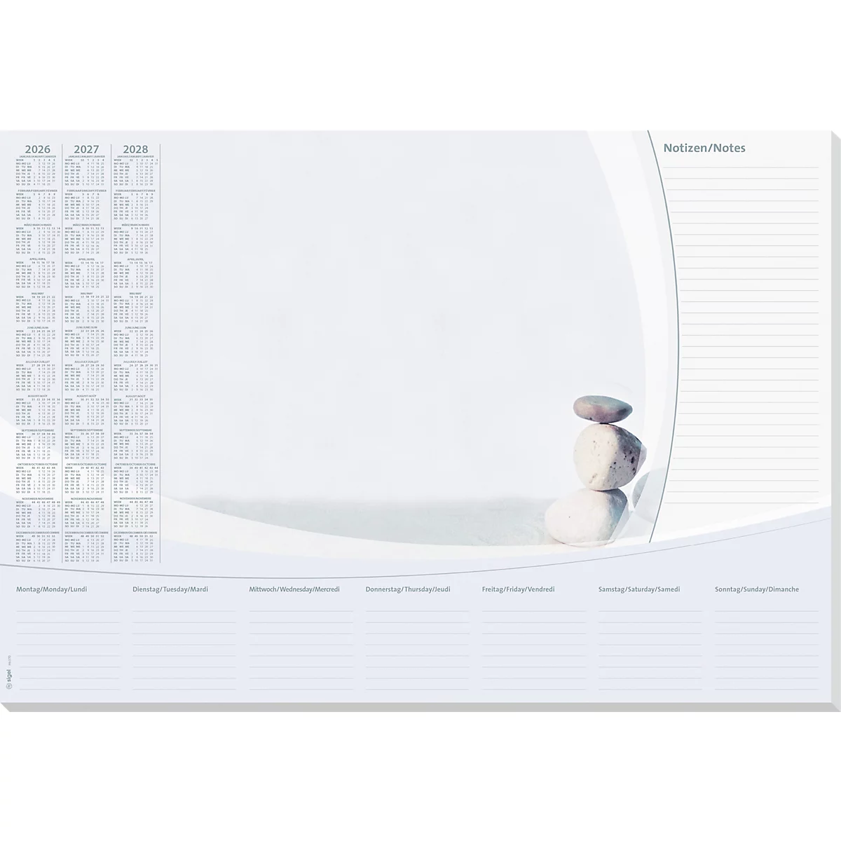Minimalistisches Tischset mit Stapelsteinen und Kalender. Weisser Hintergrund mit horizontalen Linien und Monatsnamen.