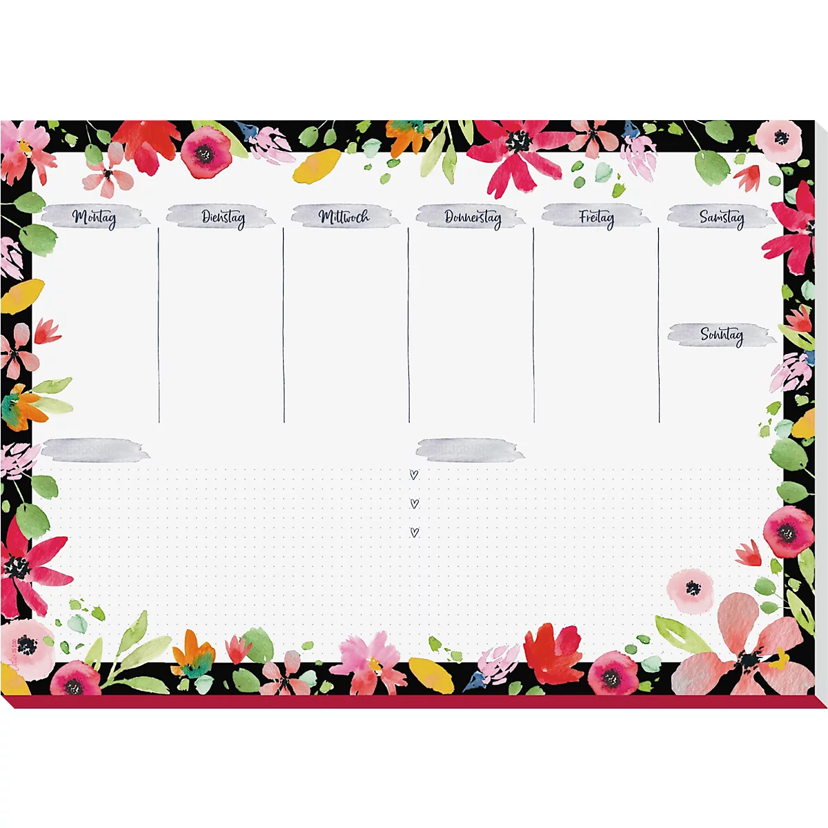 Wochenplan mit Blumenrand und Wochentagen, in dem Notizen und Termine eingetragen werden können.