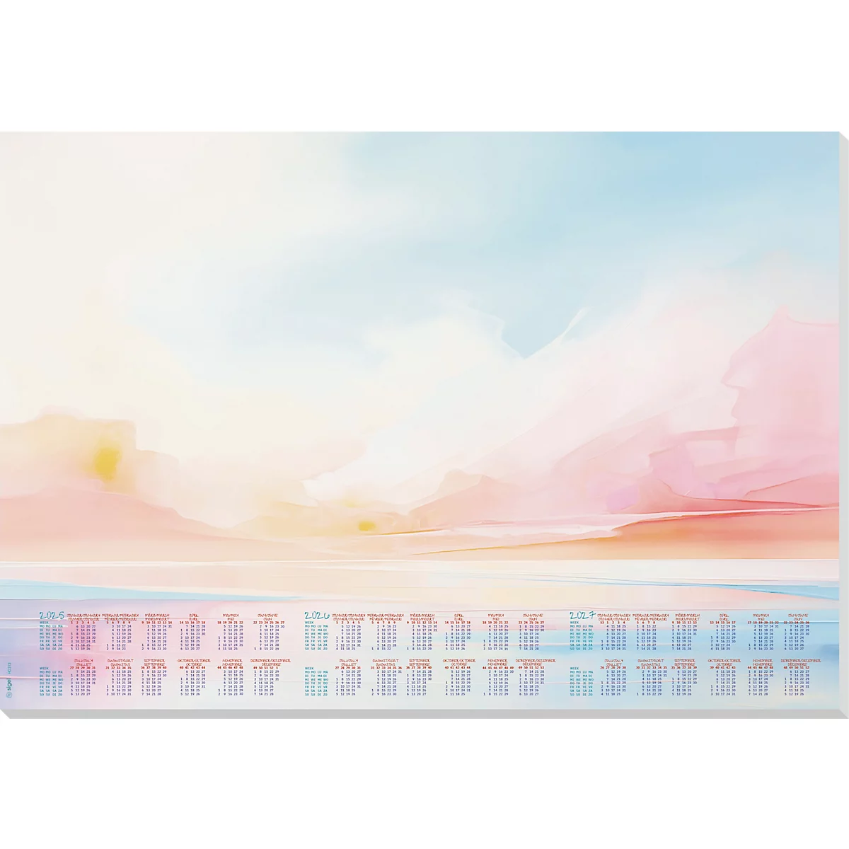 Abstraktes Aquarellbild, pastellfarbener Himmel, Horizont mit Kalender unten.
