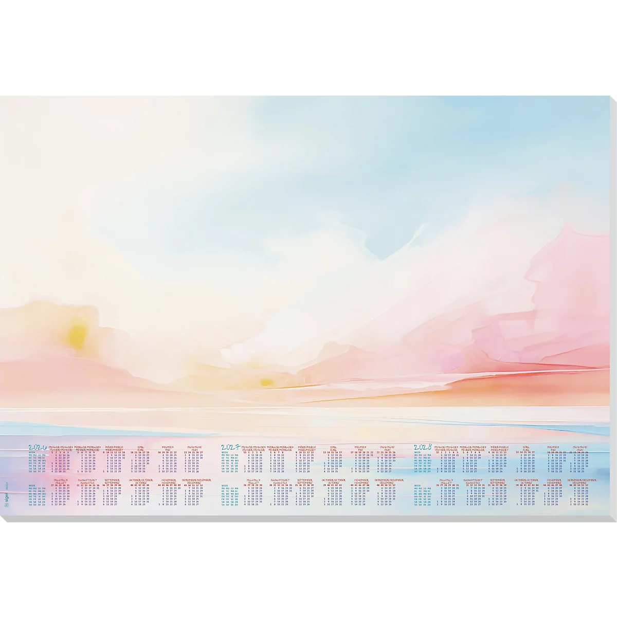 Abstrakte, aquarellartige Landschaft mit Pastellfarben, darunter ein Kalender.