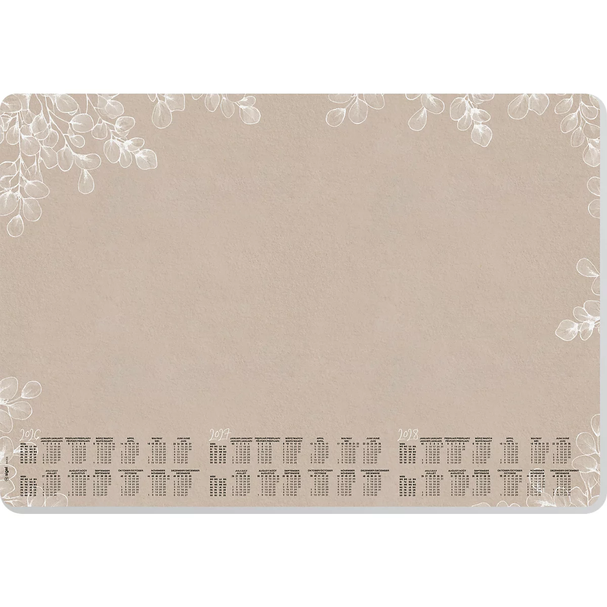 Beige-farbiger Kalender mit floralen Verzierungen. Oben und an den Ecken sind weisse Blätter dargestellt, unten kleine Kalenderfelder.