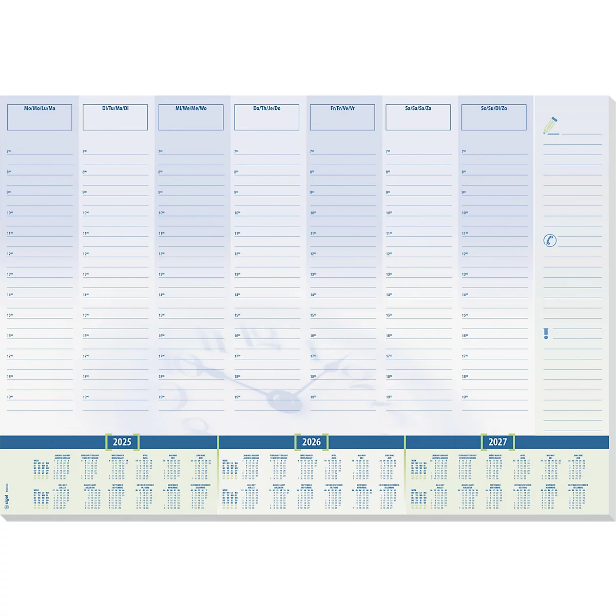Blau-weisser Wochenplaner mit Datumsangaben für 2025, 2026 und 2027. Das Raster ist mit Tageszeiten versehen.