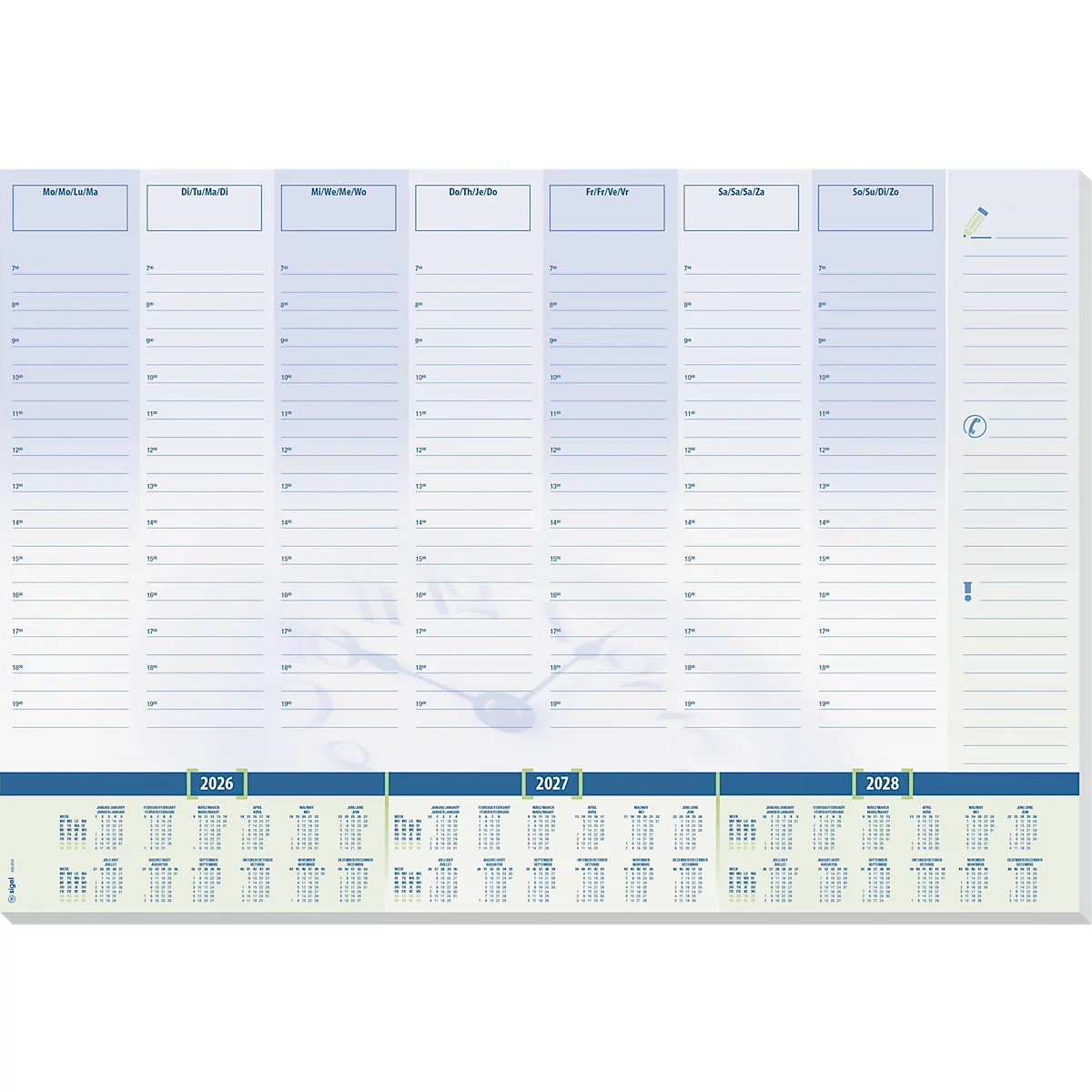 Wochenplaner mit blau-weissem Hintergrund. Kalender für 2026, 2027 und 2028. Zeitangaben von 7 bis 20 Uhr. Uhren-Symbol.