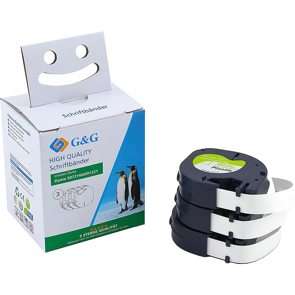 Produktabbildung: Schreibbänder-Box mit aufgestecktem Papp-Smiley und Stapel Schriftbänder.