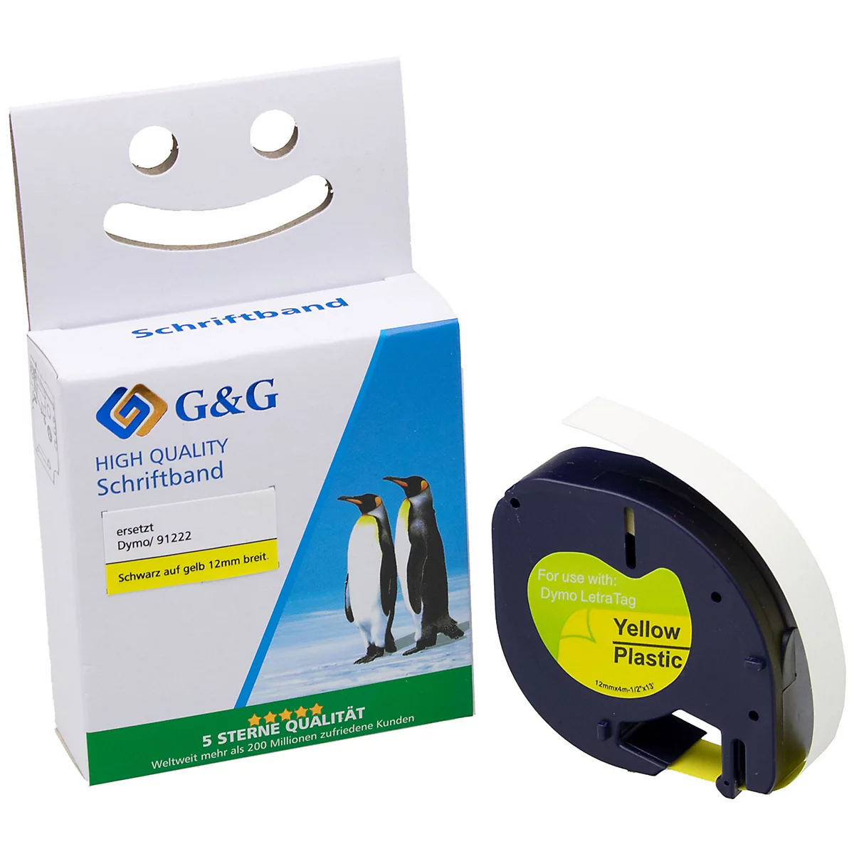 Eine Packung Schriftband neben einer Rolle gelber Plastik-Etiketten. Auf der Packung stehen die Worte 'Schriftband', 'G&G' und 'HIGH QUALITY' sowie ein Hinweis auf die Verwendung für Dymo.