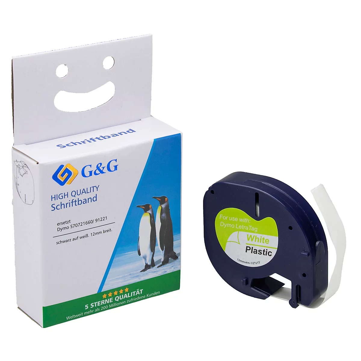 Eine Packung Schriftband und eine Rolle Schriftband, beide auf weißem Hintergrund. Auf der Packung ist ein Pinguin-Motiv zu sehen.