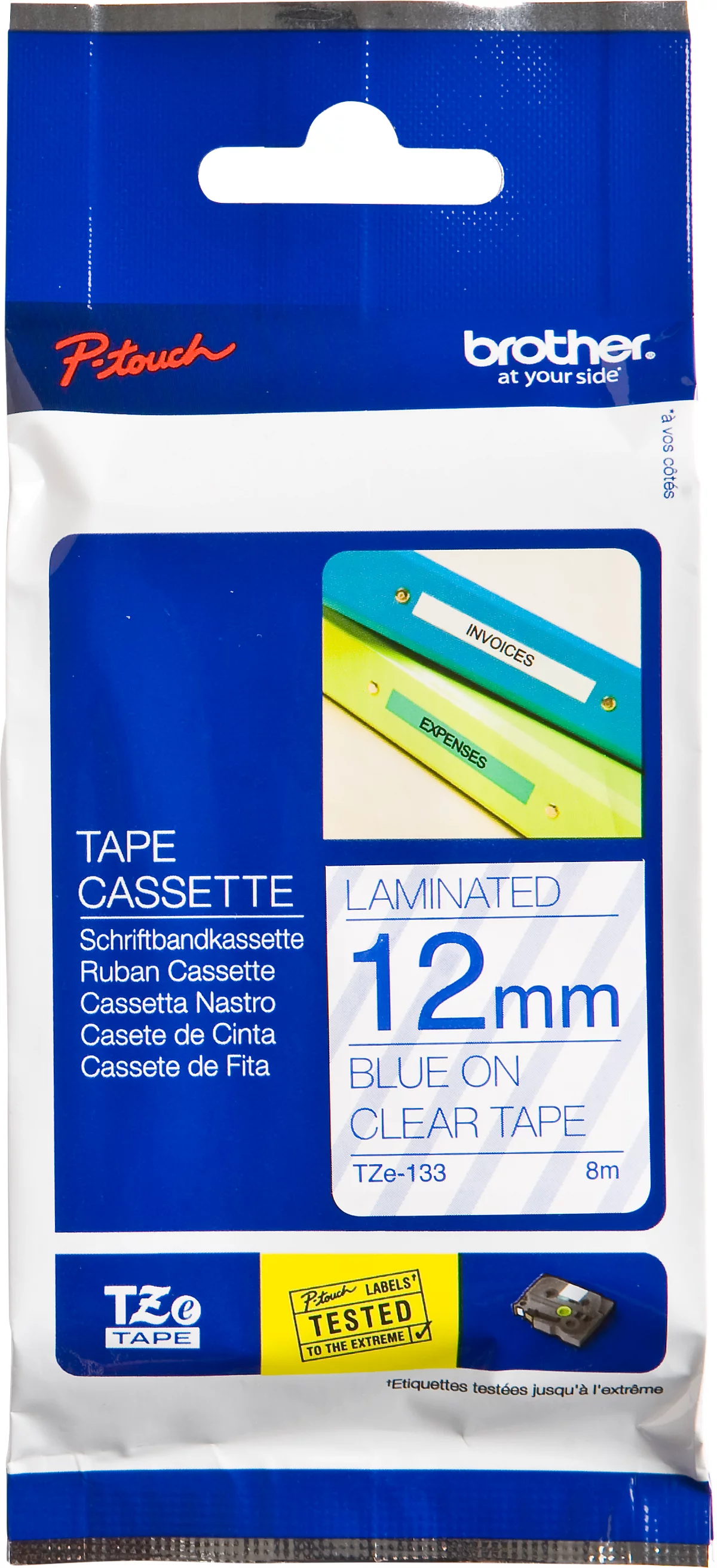 Schriftbandkassette Brother TZe-133, selbstklebend, L 8 m x B 12 mm, farblos/blau
