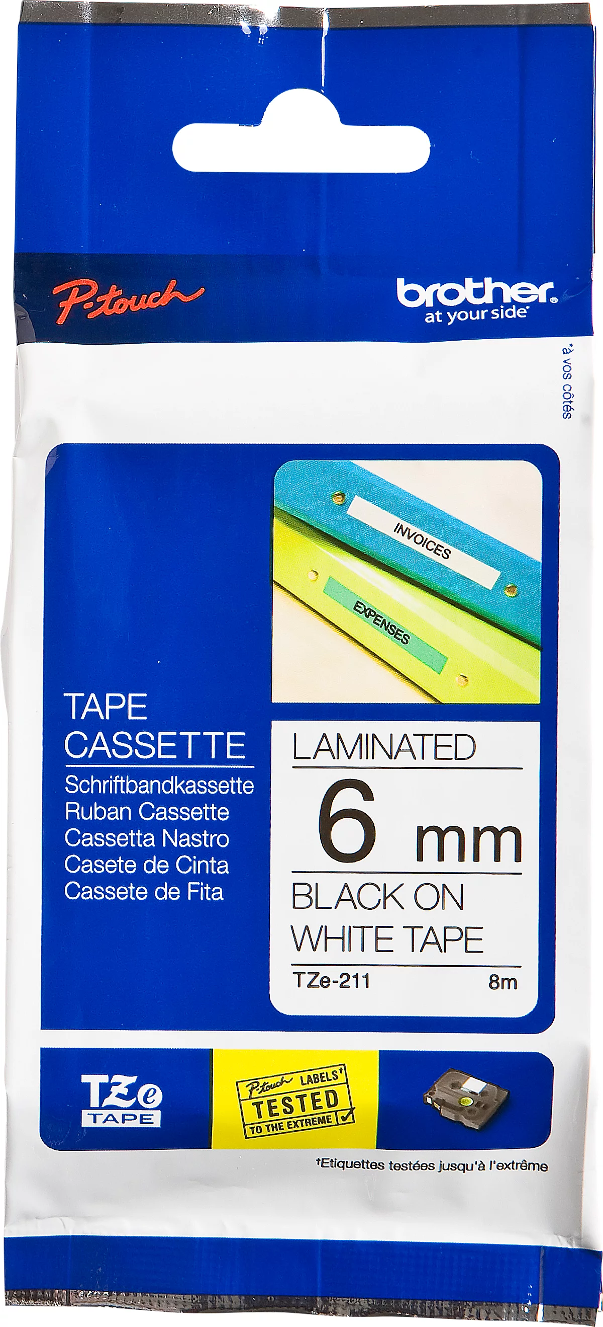 Schriftbandkassette Brother TZe-211, selbstklebend, L 8 m x B 6 mm, weiß/schwarz