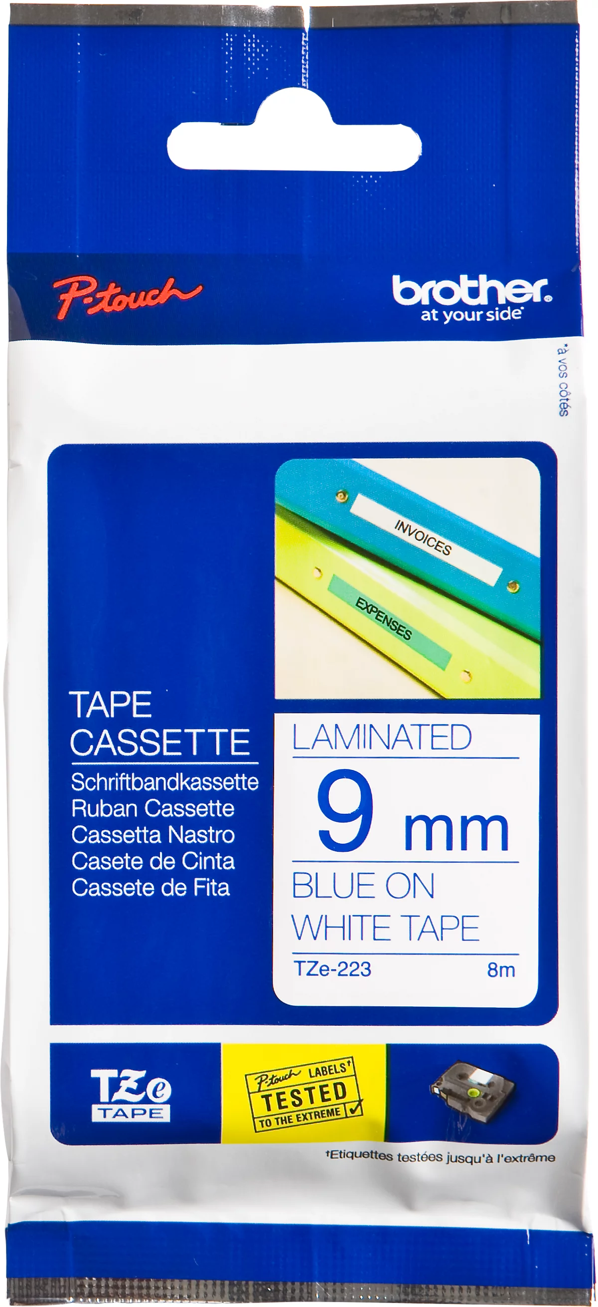Schriftbandkassette Brother TZe-223, selbstklebend, L 8 m x B 9 mm, weiß/blau