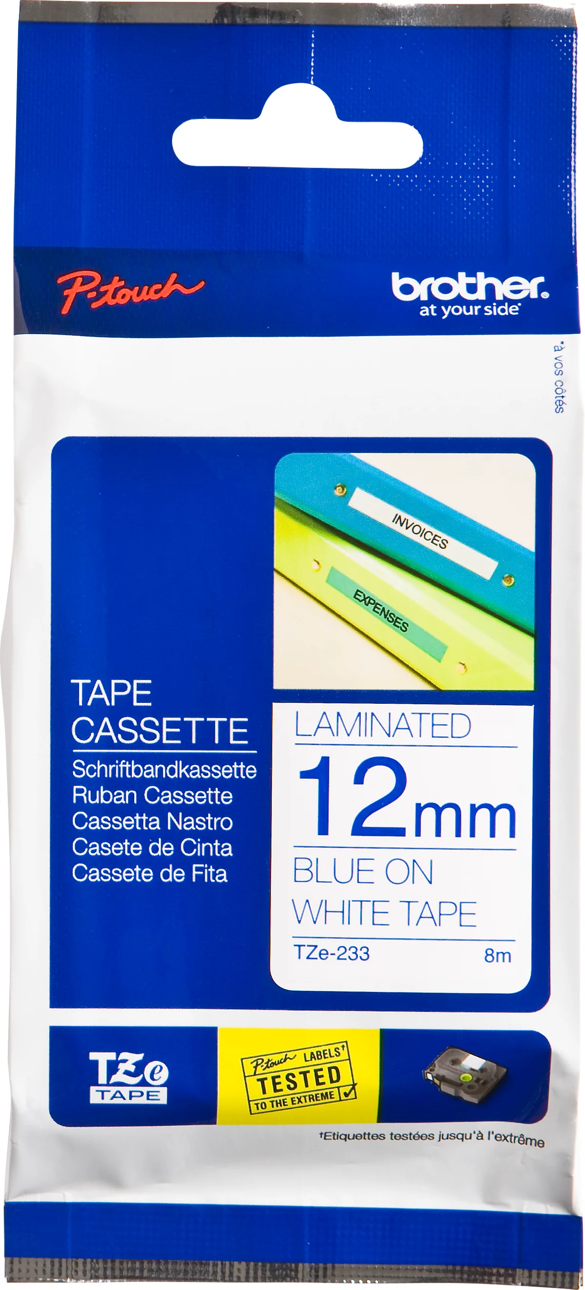 Schriftbandkassette Brother TZe-233, selbstklebend, L 8 m x B 12 mm, weiß/blau