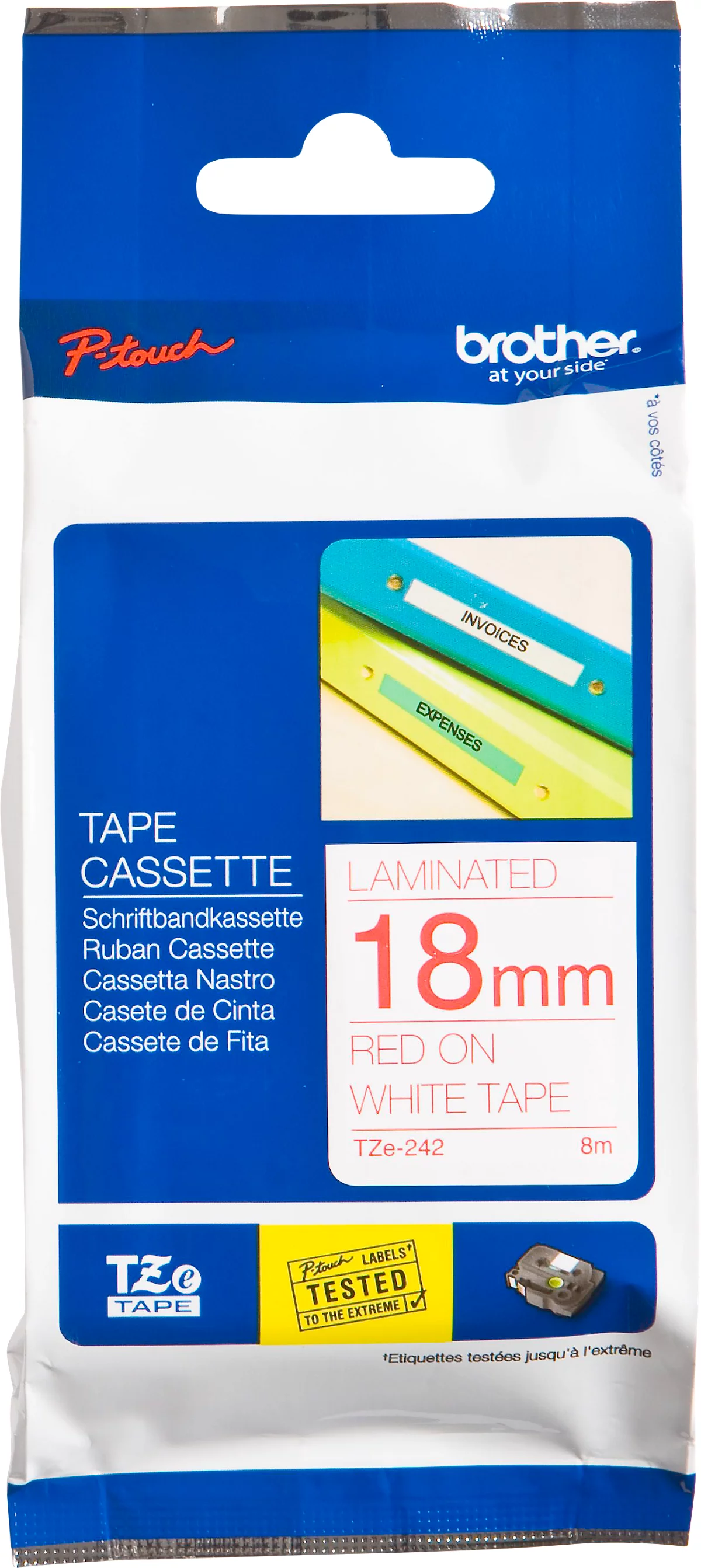 Schriftbandkassette Brother TZe-242, selbstklebend, L 8 m x B 18 mm, weiß/rot