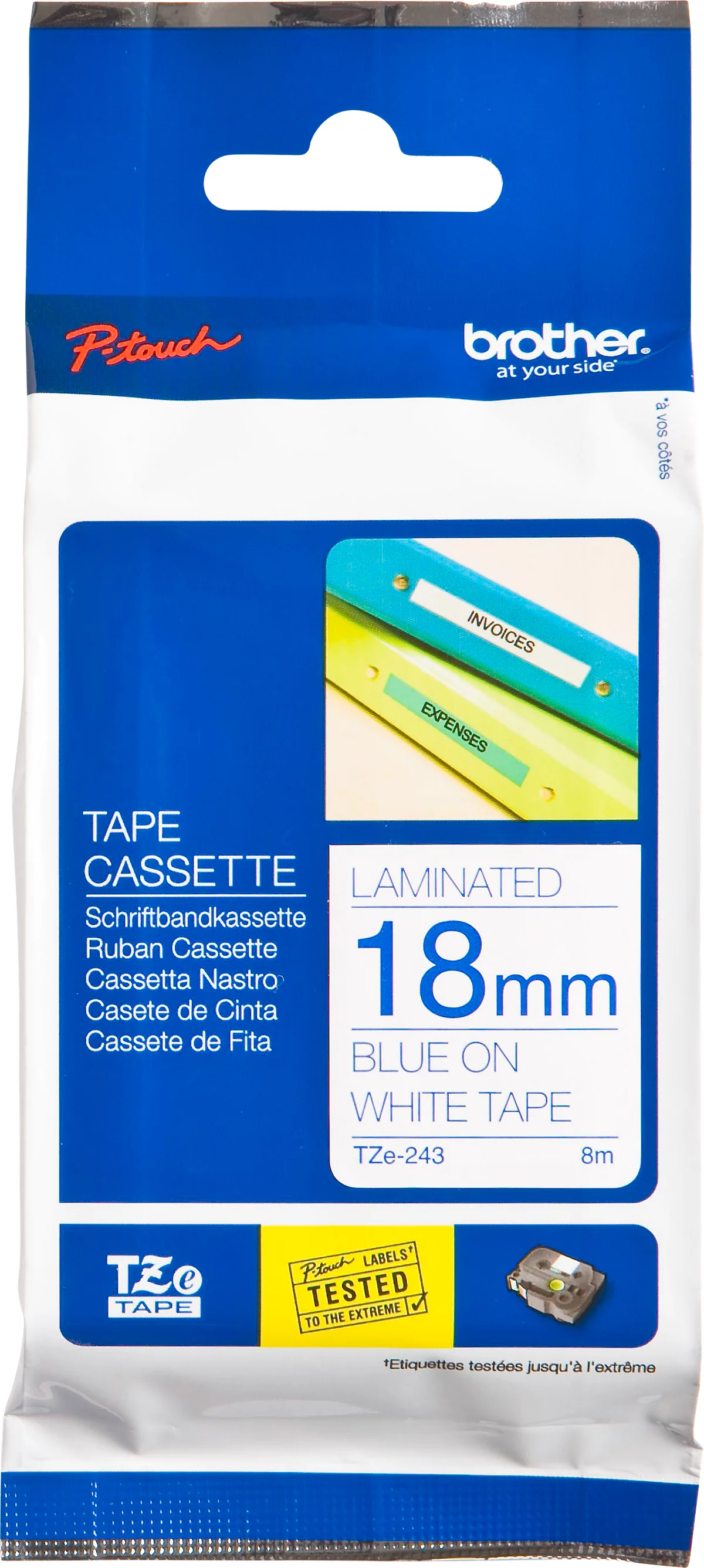 Schriftbandkassette Brother TZe-243, selbstklebend, L 8 m x B 18 mm, weiß/blau