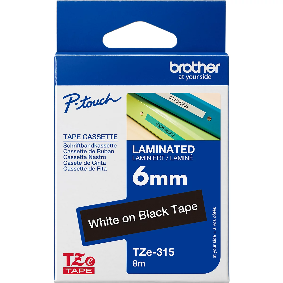 Schriftbandkassette Brother TZe-315, selbstklebend, L 8 m x B 6 mm, schwarz/weiß