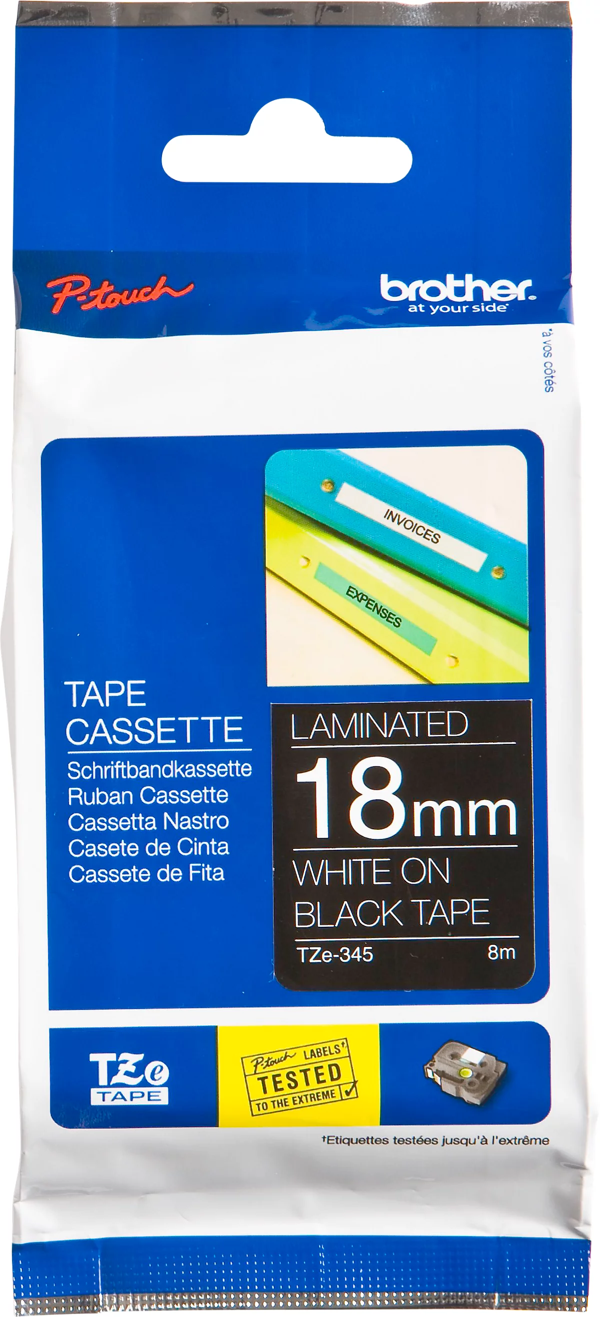 Schriftbandkassette Brother TZe-345, selbstklebend, L 8 m x B 18 mm, schwarz/weiß