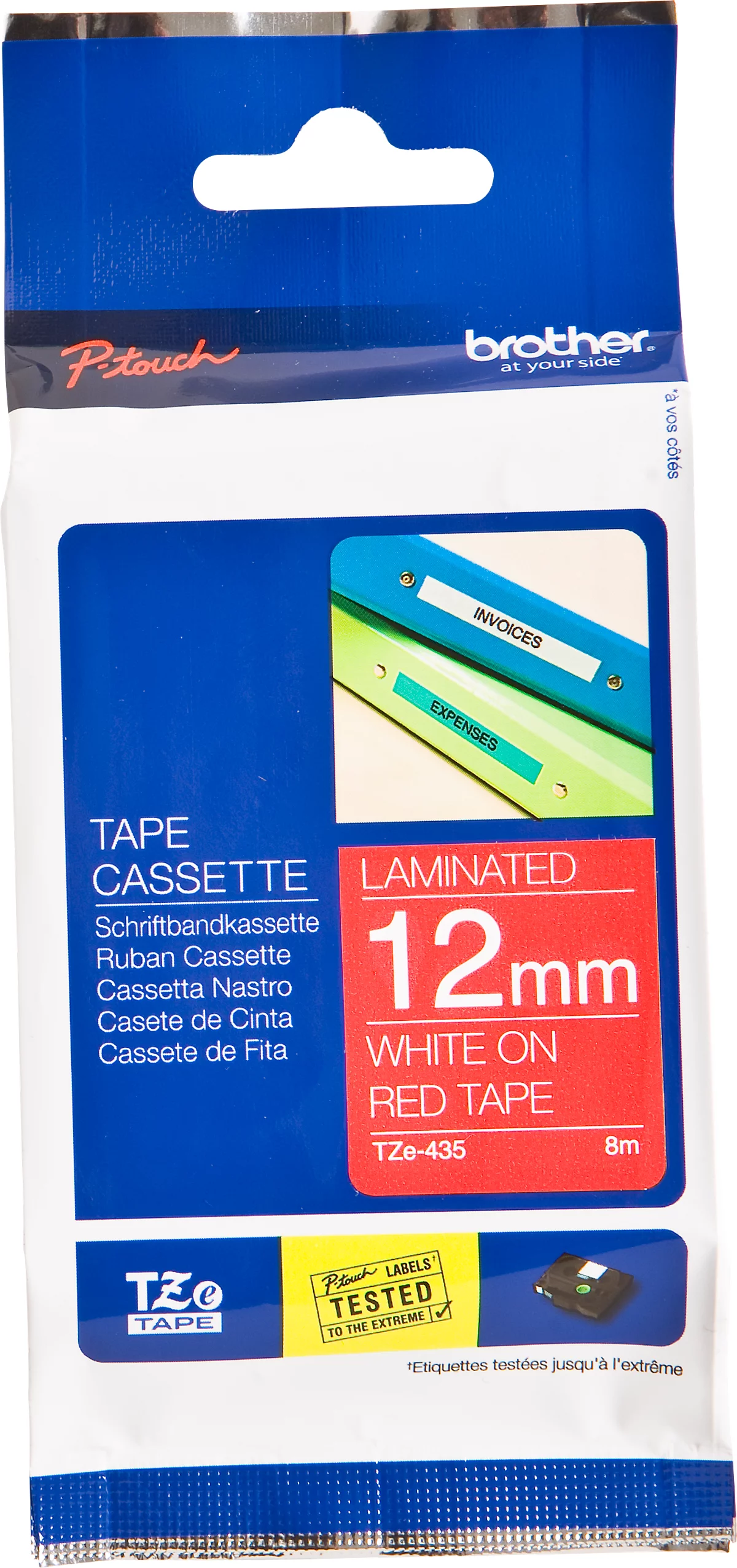 Schriftbandkassette Brother TZe-435, selbstklebend, L 8 m x B 12 mm, rot/weiß