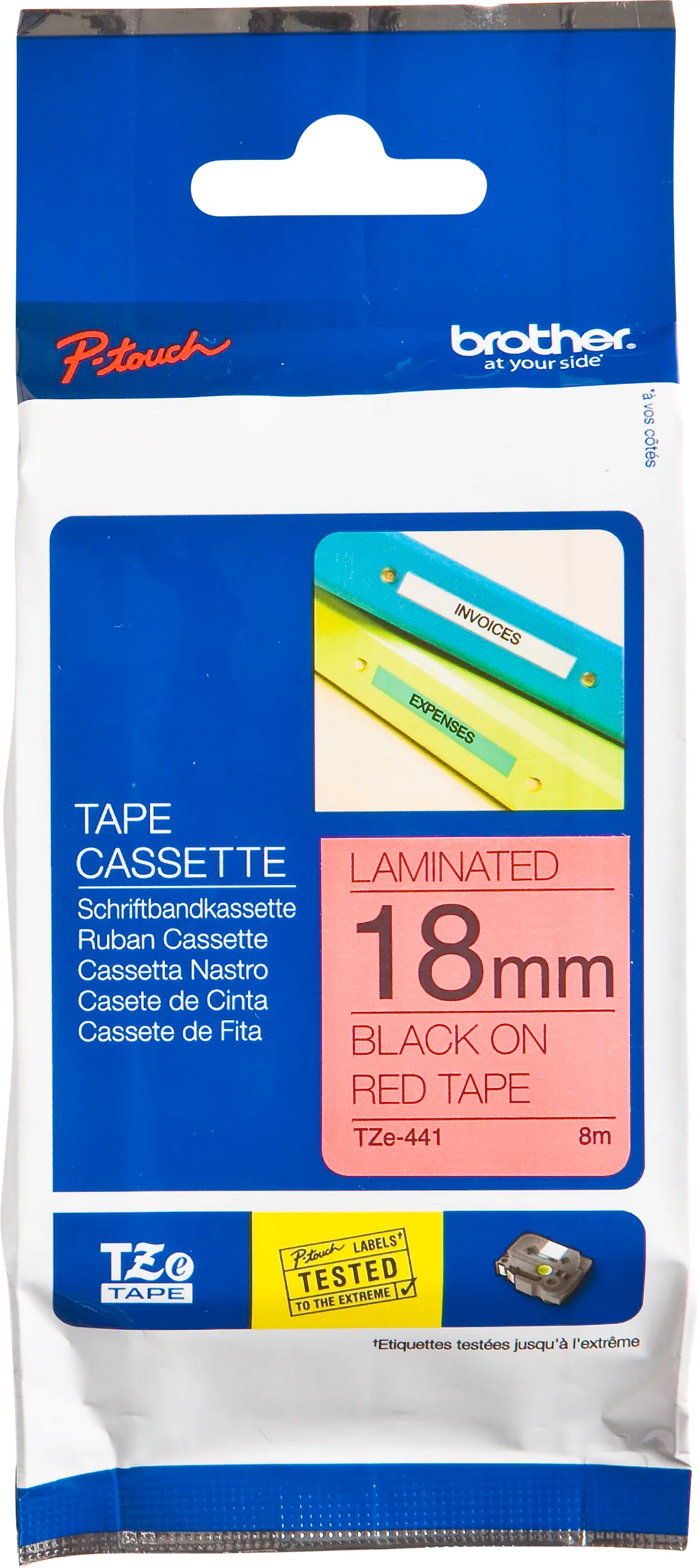 Schriftbandkassette Brother TZe-441, selbstklebend, L 8 m x B 18 mm, rot/schwarz