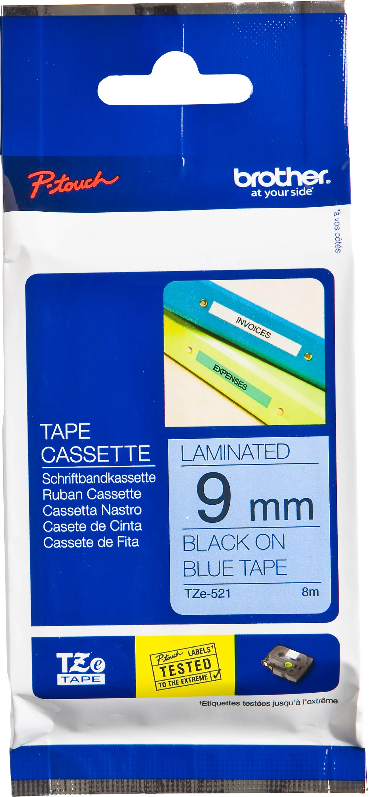 Schriftbandkassette Brother TZe-521, selbstklebend, L 8 m x B 9 mm, blau/schwarz