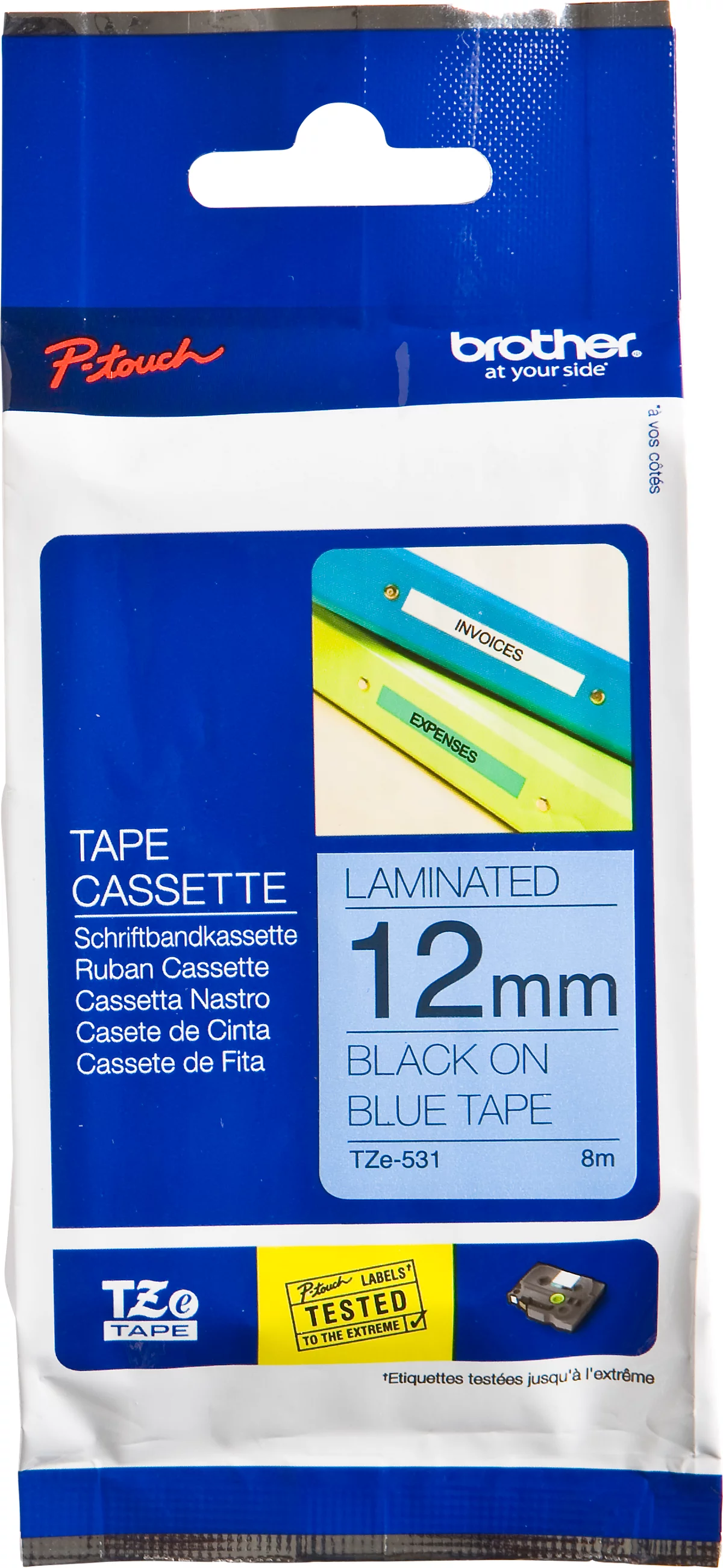 Schriftbandkassette Brother TZe-531, selbstklebend, L 8 m x B 12 mm, blau/schwarz