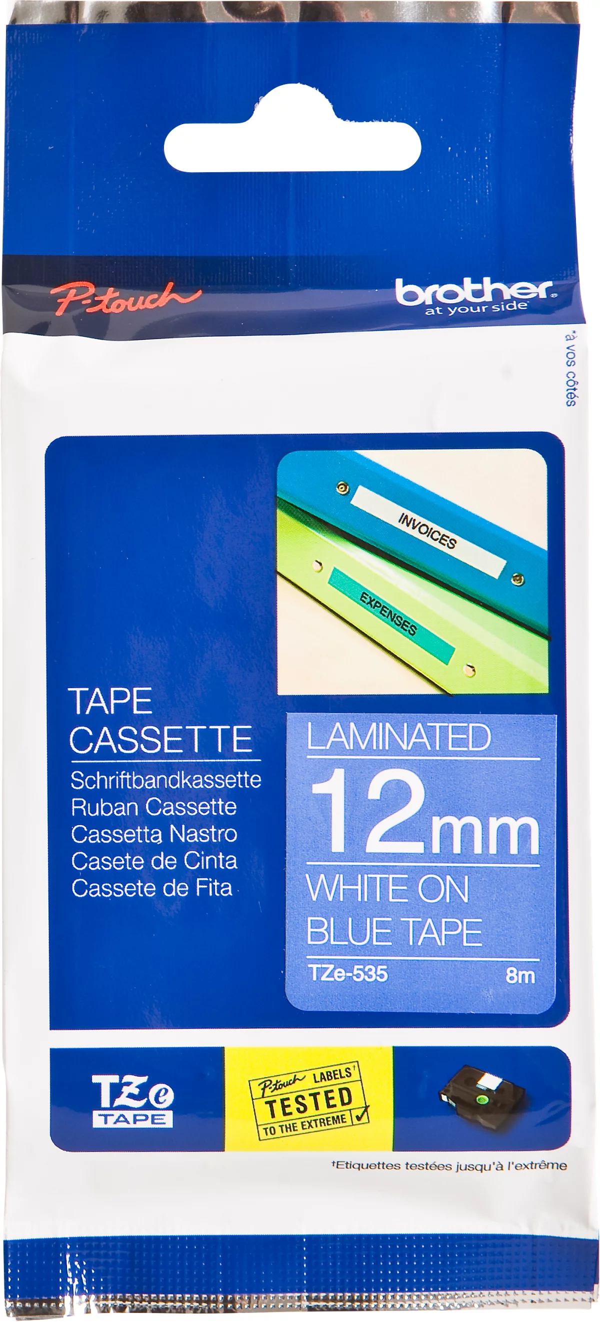 Schriftbandkassette Brother TZe-535, selbstklebend, L 8 m x B 12 mm, blau/weiß