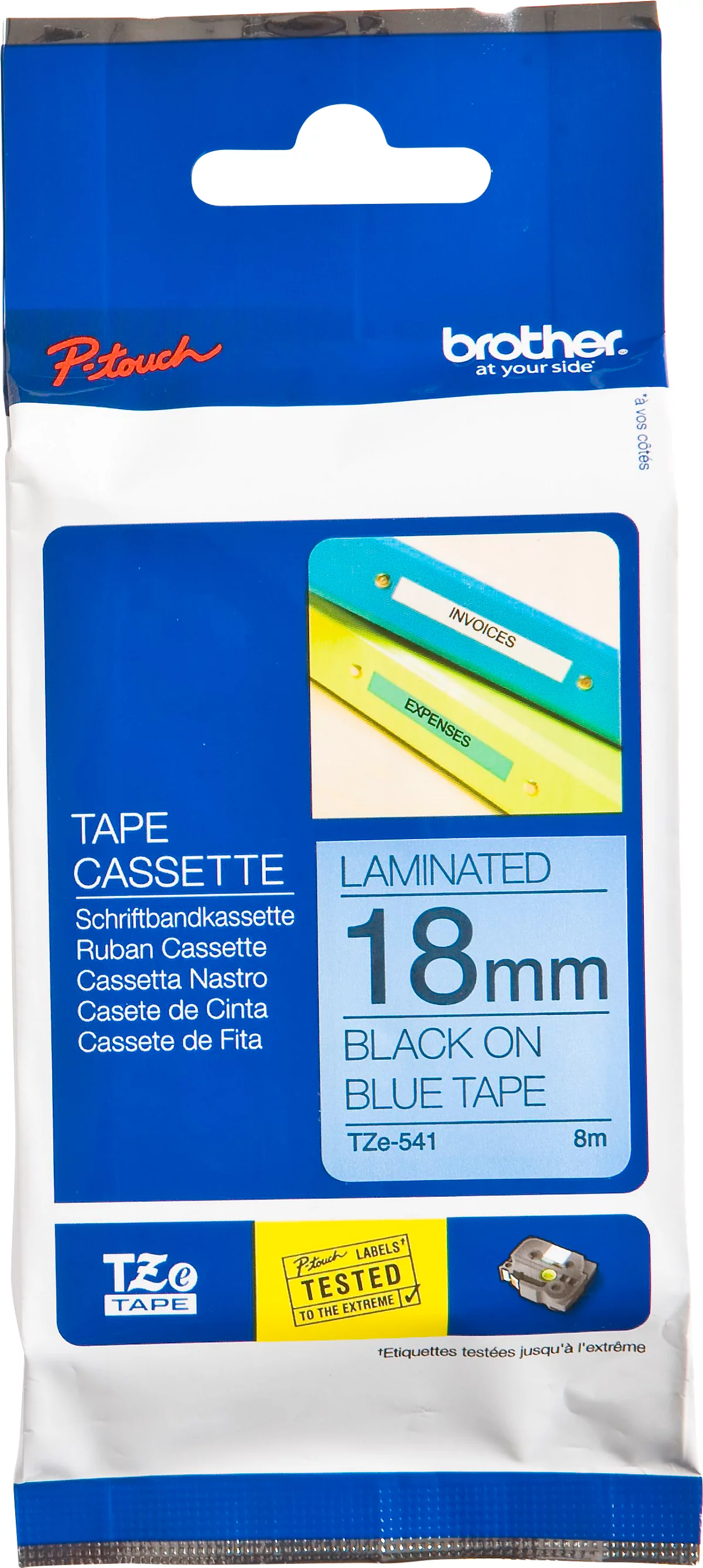 Schriftbandkassette Brother TZe-541, selbstklebend, L 8 m x B 18 mm, blau/schwarz