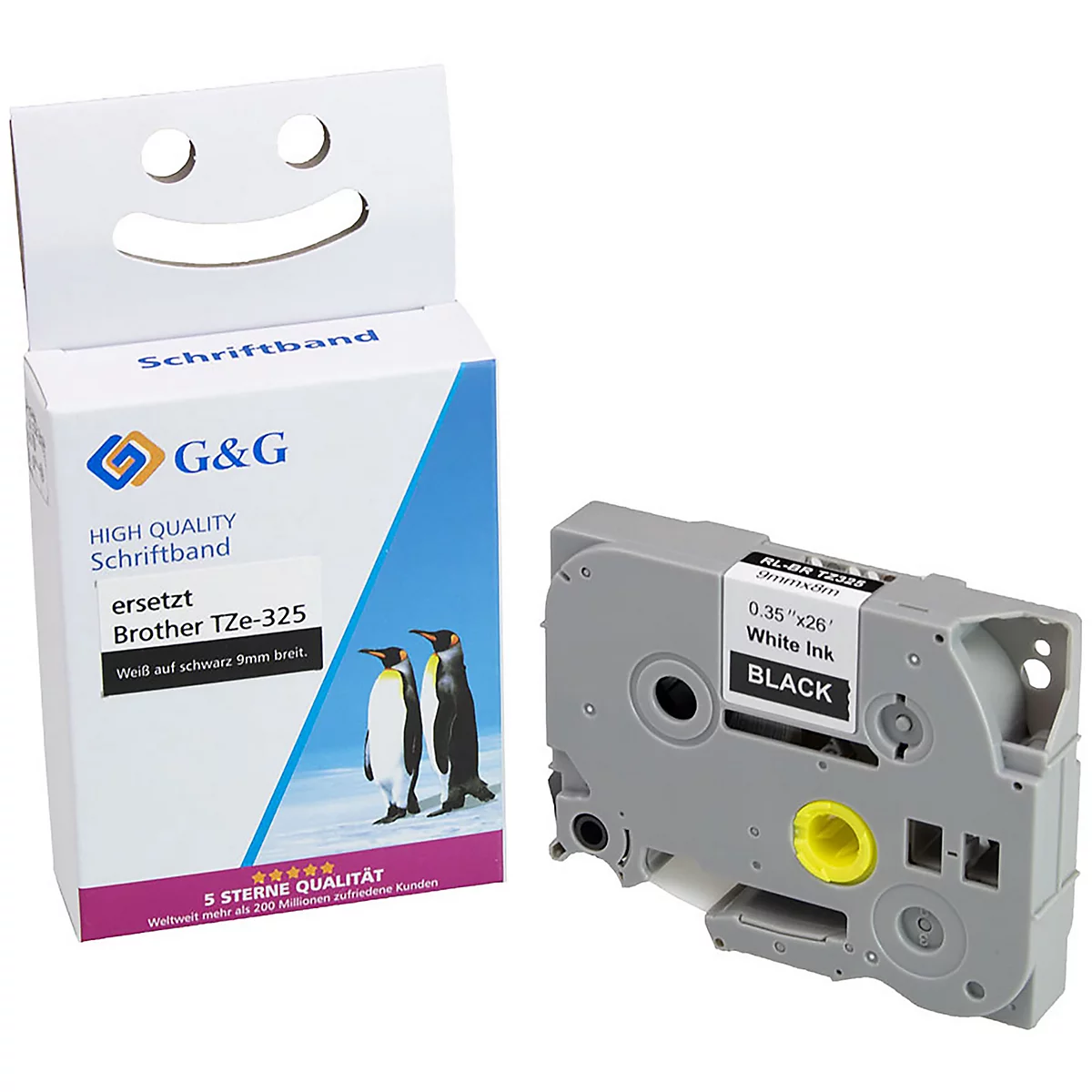 Een verpakking met etikettentape van G&G met daarnaast een labelmaker. Pinguïns op de verpakking en een verwijzing naar de vervanging voor Brother TZe-325.