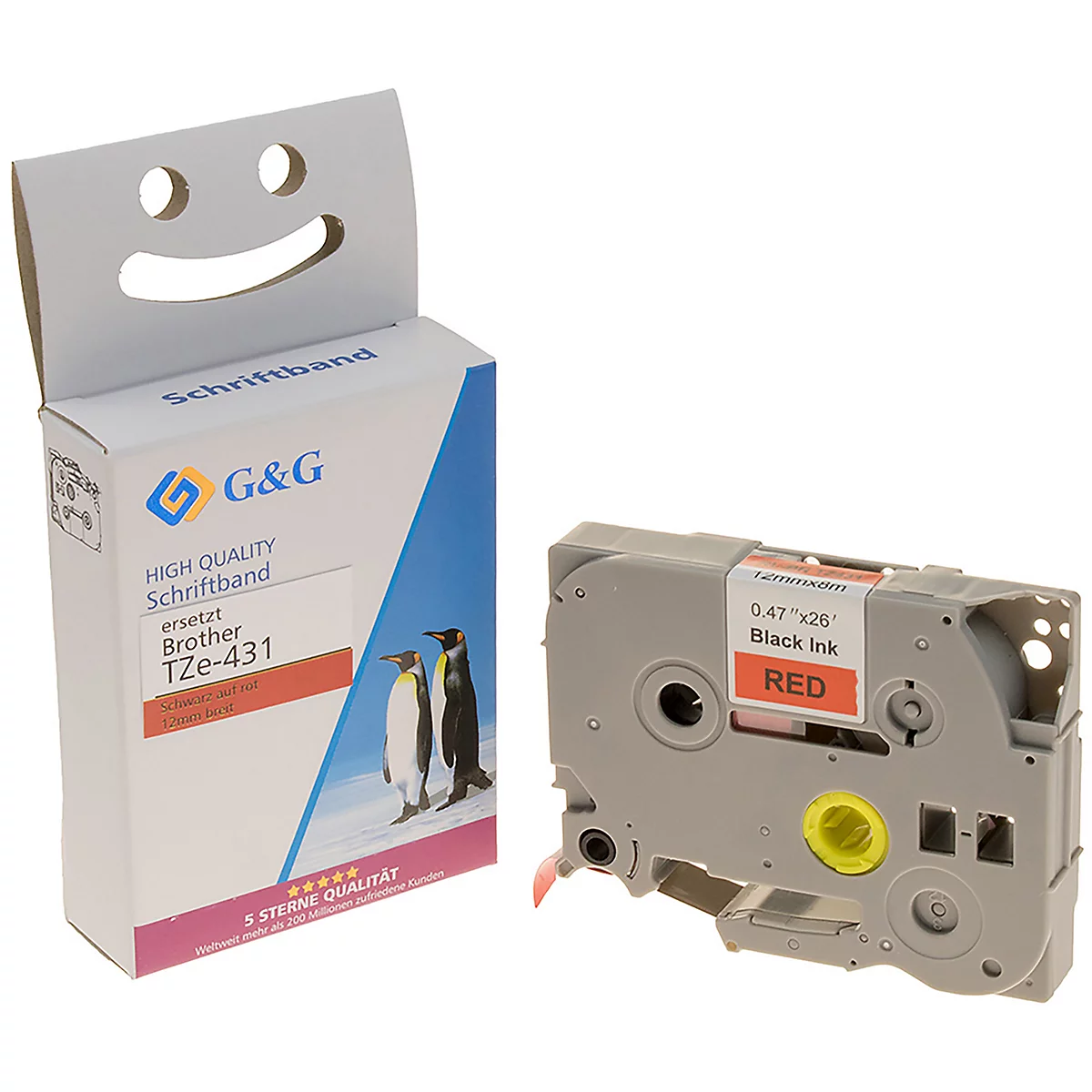 Grijze labeltape cassette en verpakking met pinguïn motief. Opschrift: "RED Black Ink".