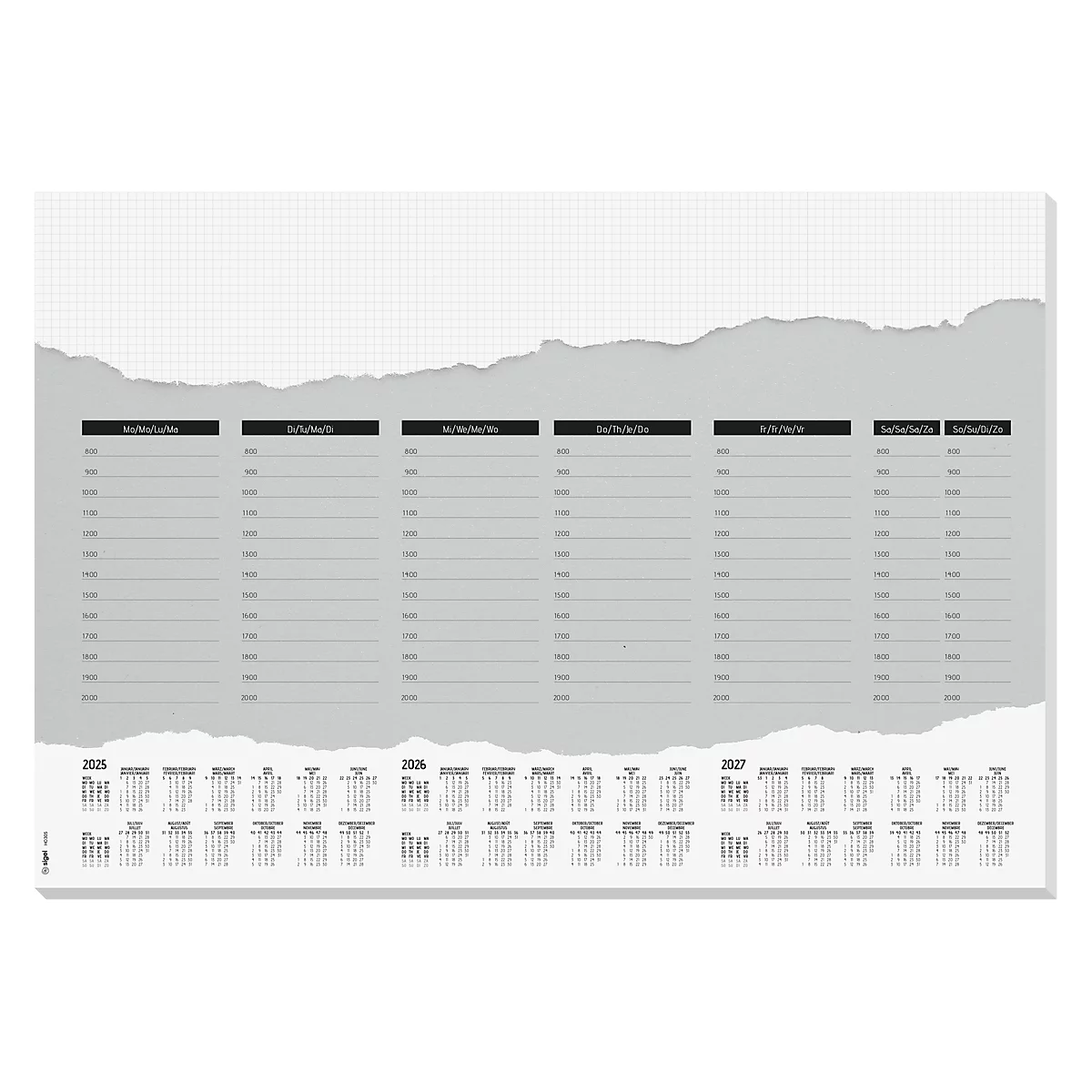 Grijs wekelijks plannerschrift met kalender- en tijdvermeldingen. Gescheurd papier bovenaan.