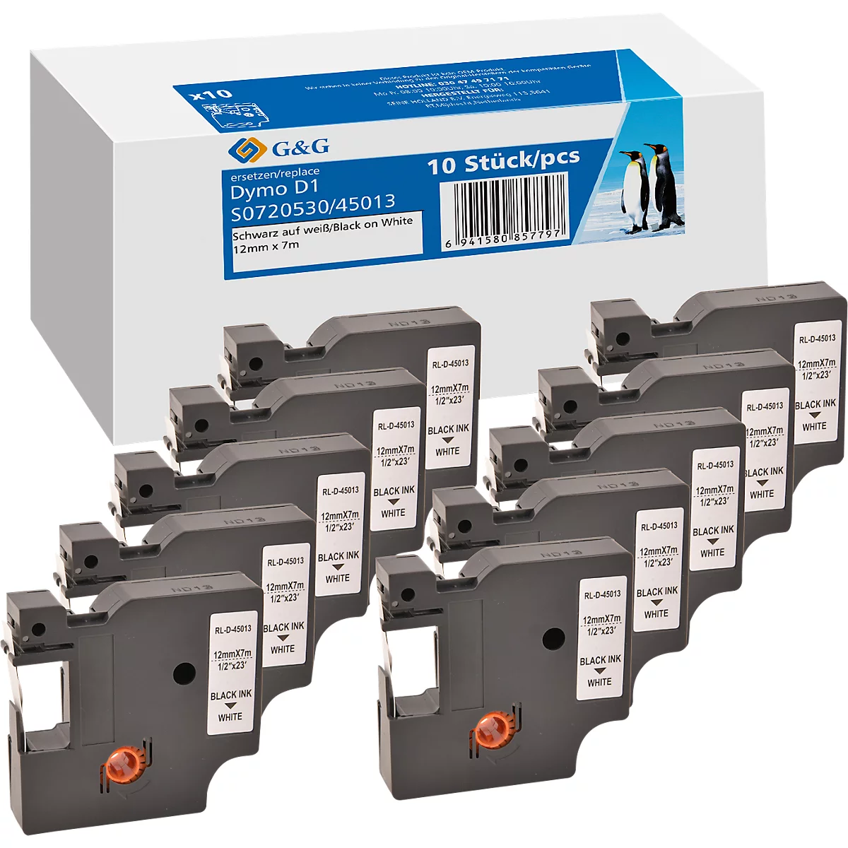 Schrijflint G&amp;G, compatibel met Dymo D1/45013/S0720530, 10 stuks, verwijderbaar, B 12 x L 7000 mm, wit